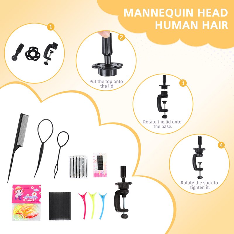 Mannequin Head Human Hair 100% Real Hair Cosmetology Mannequin Head for Practice Braiding Hairstyling Cutting with Tools and Tripod Stand (Dark Brown)