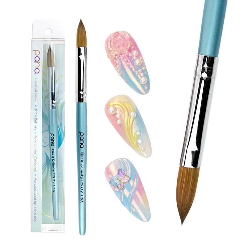 PANA Pure Kolinsky Hair Acrylic Nail Brush - Oval Crimped Teal Wood Handle (Size 12)