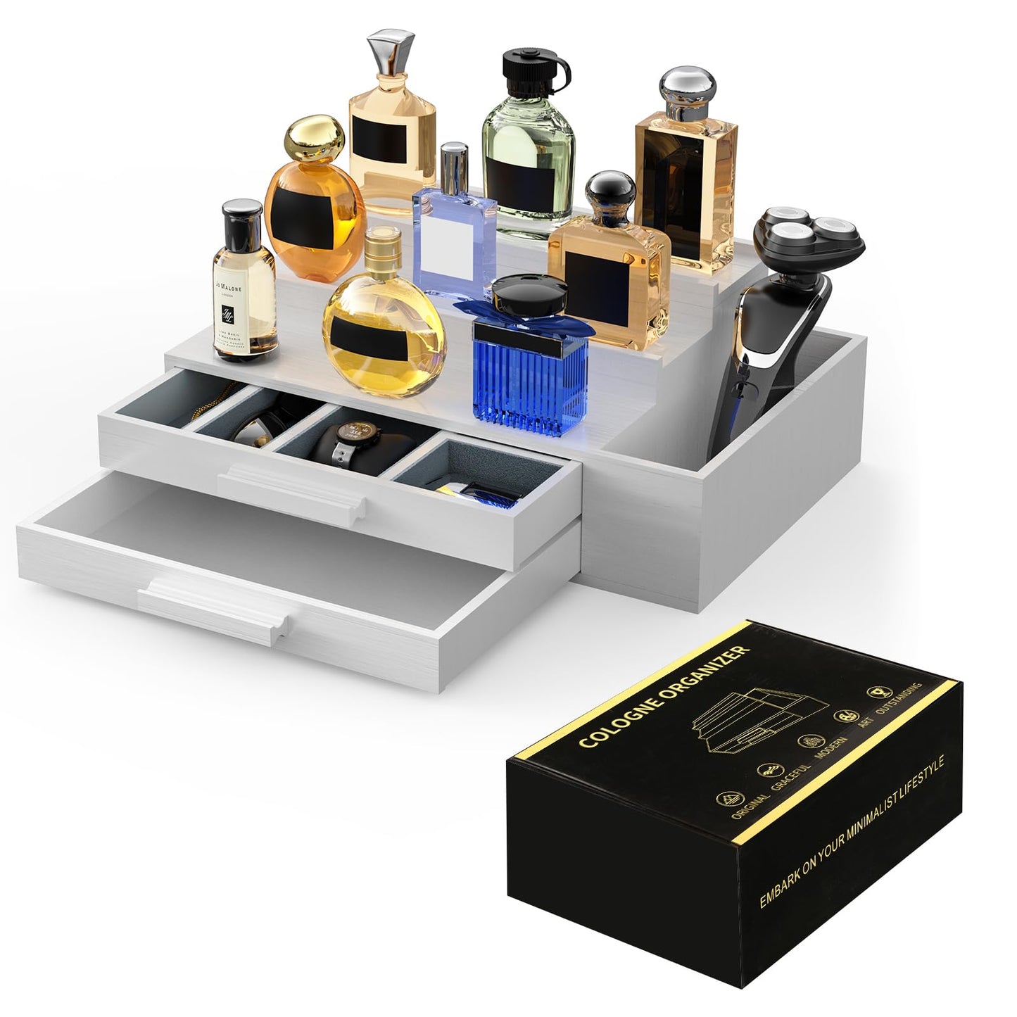 Cologne Organizer for Men,3 Tier Cologne Stand with 2 Drawer and Side Extended Storage Space,Wood Perfume Stand Organizer，Great Gift Packing Box for Men and Women-White