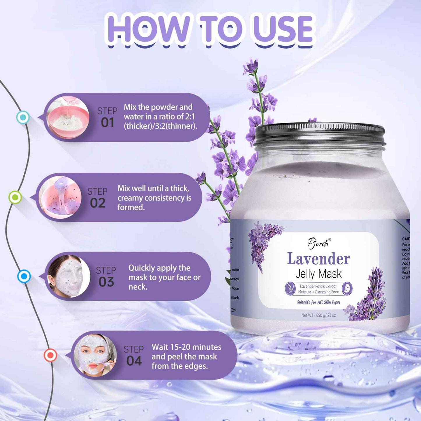 Pjordo Jelly Masks for Facials Professional, Lavender Jelly Mask Powder with Mixing Bowl Set, Peel Off Hydrojelly Mask for Moisturizing, Hydrating & Nourishing, Spa Use for All Skin