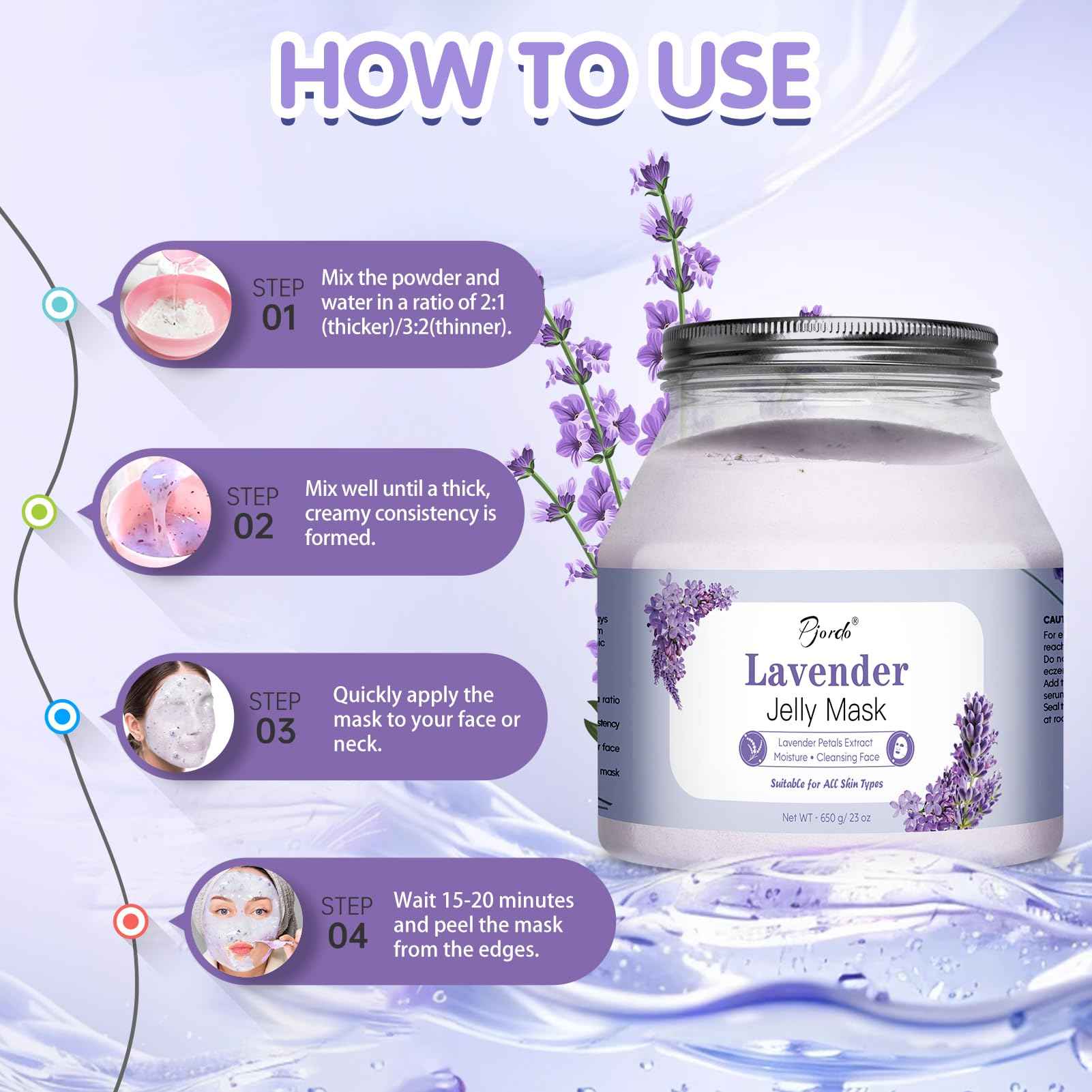 Pjordo Jelly Masks for Facials Professional, Lavender Jelly Mask Powder with Mixing Bowl Set, Peel Off Hydrojelly Mask for Moisturizing, Hydrating & Nourishing, Spa Use for All Skin