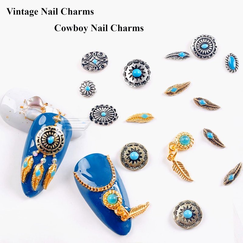 Turquoise Nail Charms - 50 PCS 3D Western Cowboy Nail Art Decorations | Mixed Shapes for Gel & Acrylic Nails (Blue)