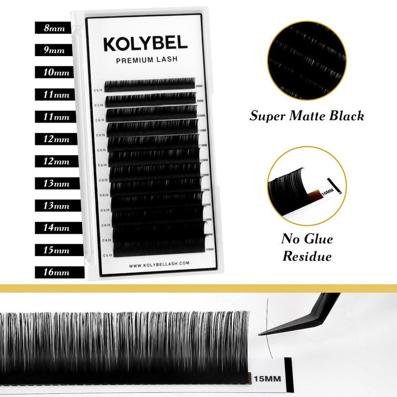KOLYBEL Classic Lash Extensions | Premium Silk Eyelash Extensions 0.05 C/D/DD J/B/L Curl 13-20mm Mixed Trays
