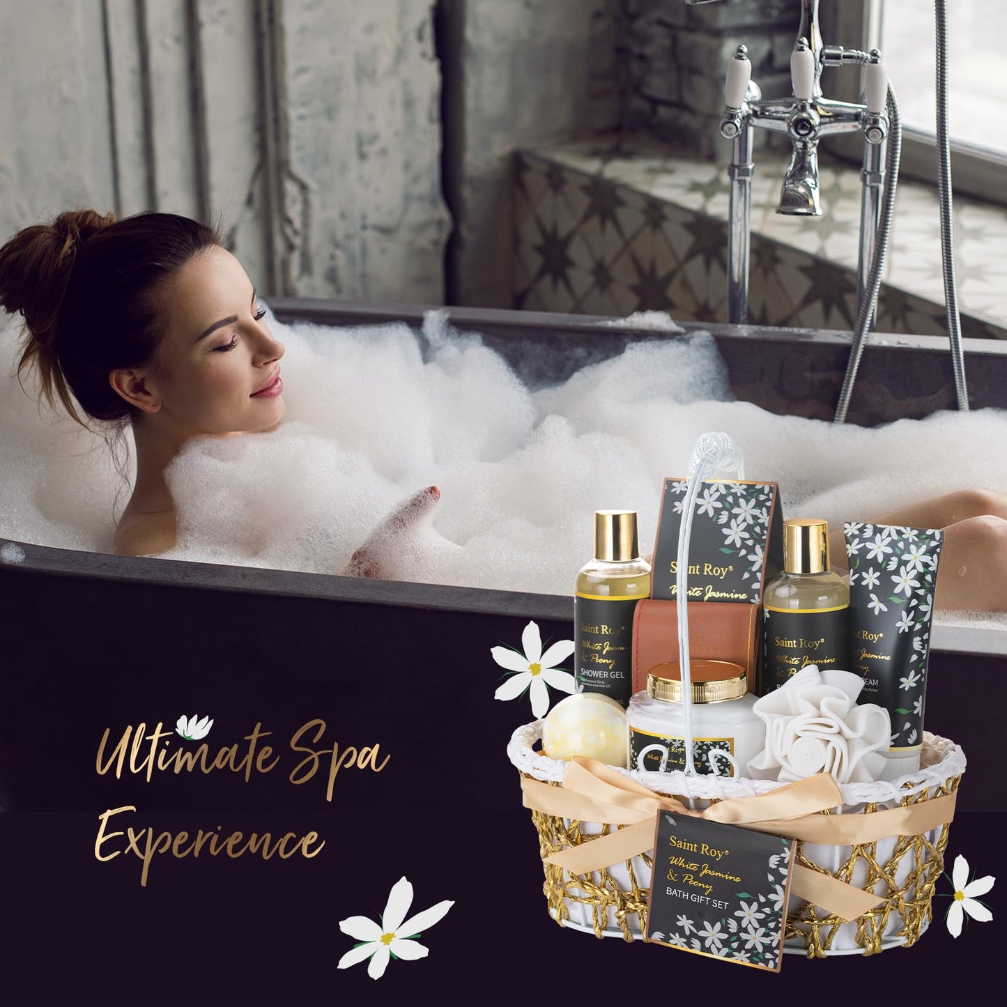 Mothers Day Gifts for Women Spa Day Gifts for Women, White Jasmine Peony Spa Gift Basket Set, Self-Care Relaxation Bath Kit, Nail Clippers, Bath & Body Care Set, Birthday, Christmas, Anniversary