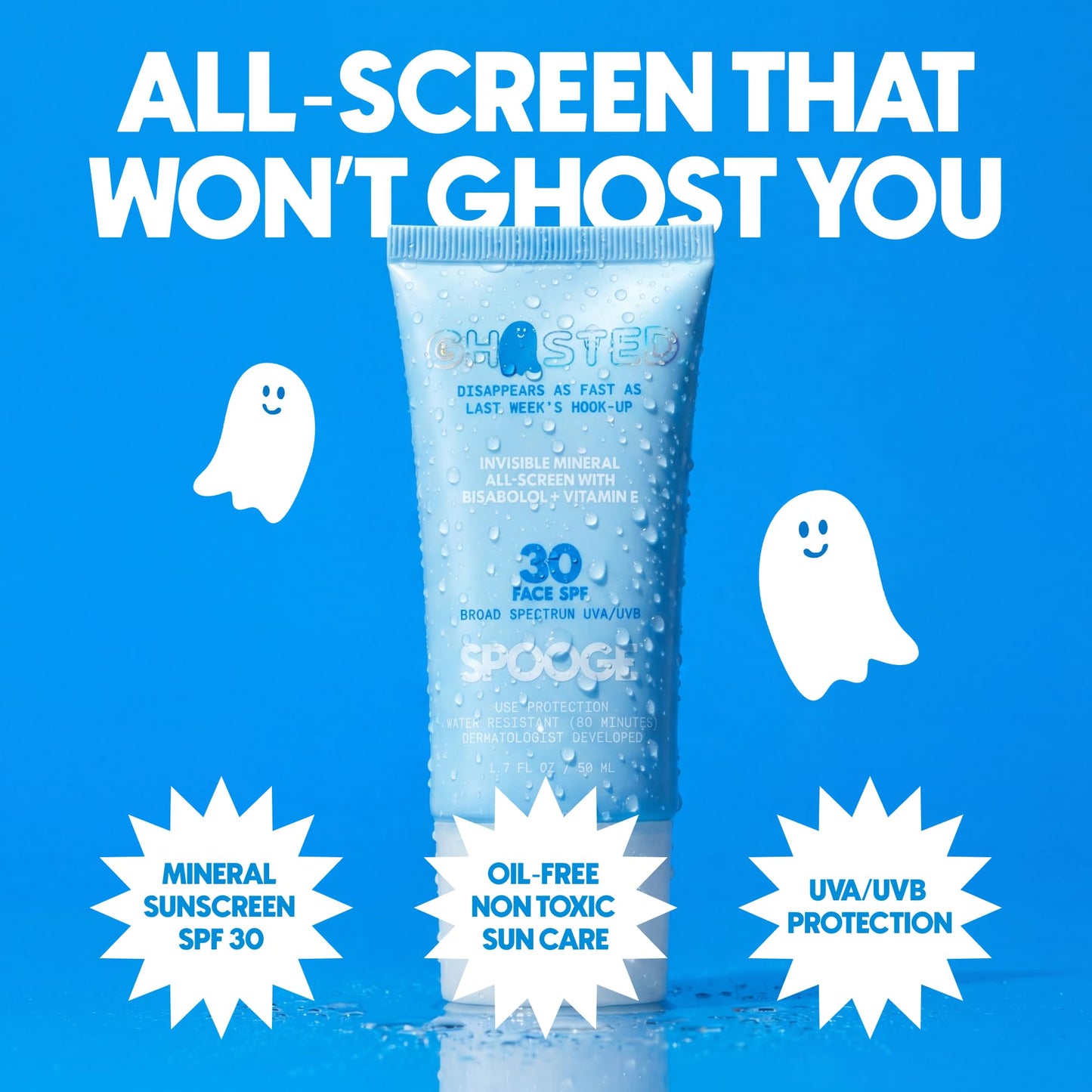 Spooge Ghosted | Mineral Sunscreen SPF 30 | Oil-Free Non Toxic Sun Care | Zinc Oxide Sunscreen | Water Resistant | Bisabolol Infused Formula | Dermatologist Developed | Reef Safe Sunblock | 1.7 oz