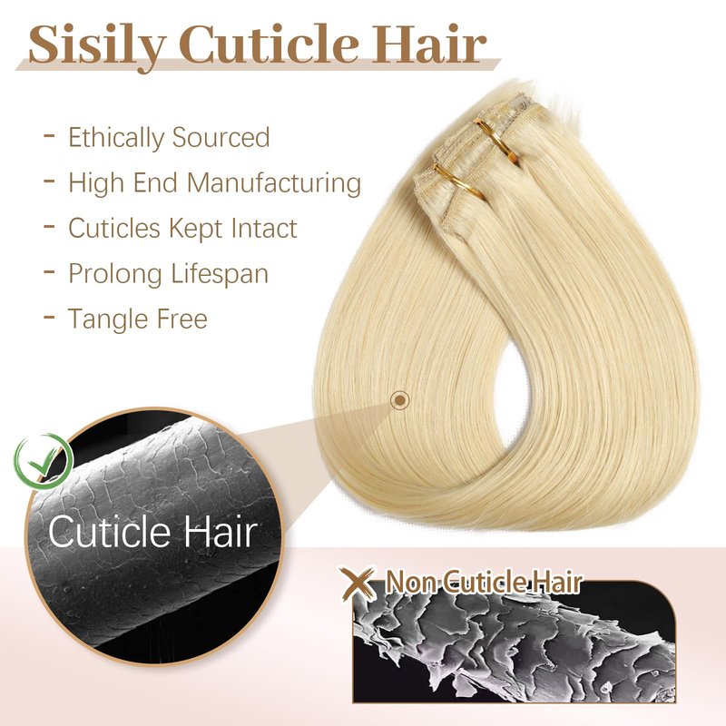 Sisily Clip in Hair Extensions Real Human Hair, Premium Human Hair Clip in Extensions Bleach Blonde, Soft Straight Hair Extensions Real Human Hair Clip ins 7PCS Double Weft（16 Inch #613）