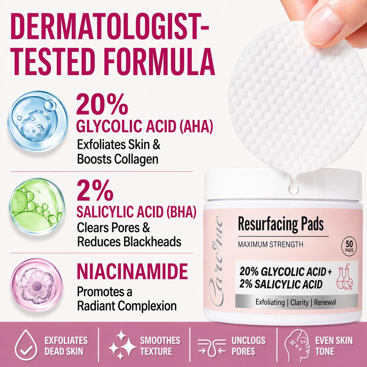 Glycolic Acid 20% + Salicylic Acid 2% Face Peel Pads (50 Count) – Facial Exfoliating Pads for Skin Renewal, Resurfacing, Refining and Revealing a Clearer, Smoother, Glowing Complexion