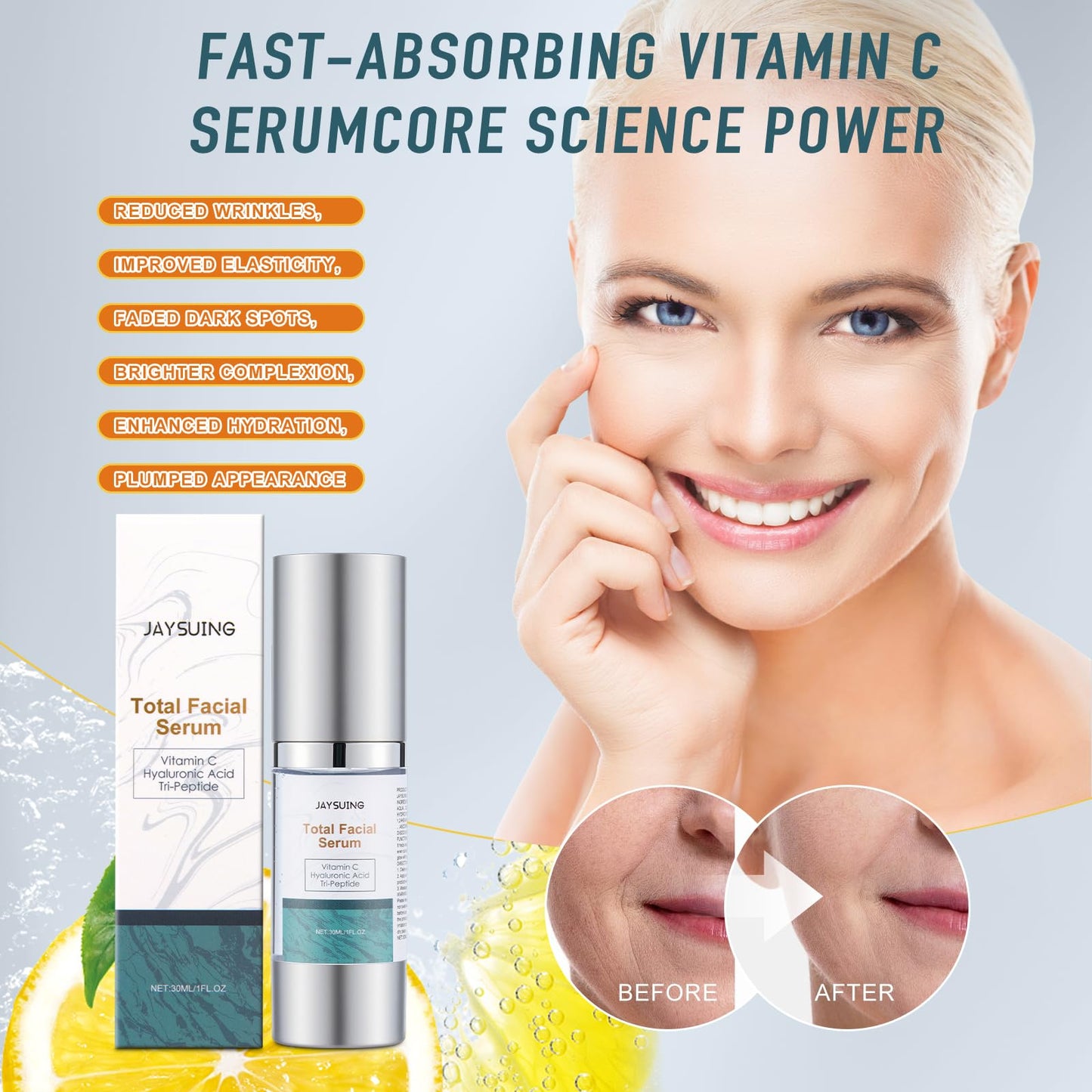 Vitamin C Serum for Face with Hyaluronic Acid & Peptides, Anti Aging Serum to Reduce Wrinkles & Dark Spots, Brightening Treatment for Women & Men, Pack of 2