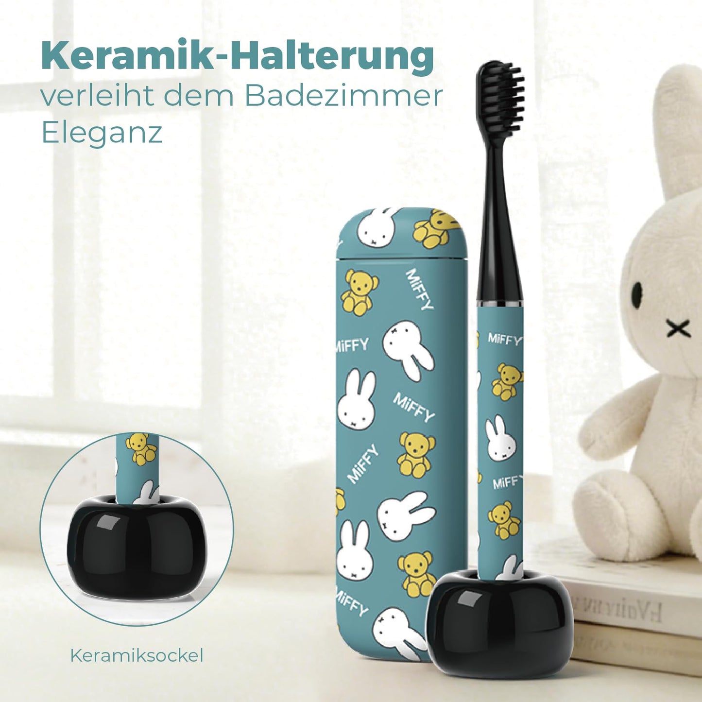 Miffy i4 Upgrade Slim Sonic Electric Toothbrush Thin Rechargeable Ultrasonic Smart Tooth Brush Free Petite Travel Case & Ceramic Holder Dock for Travel & Home, IPX7 Waterproof (Black)