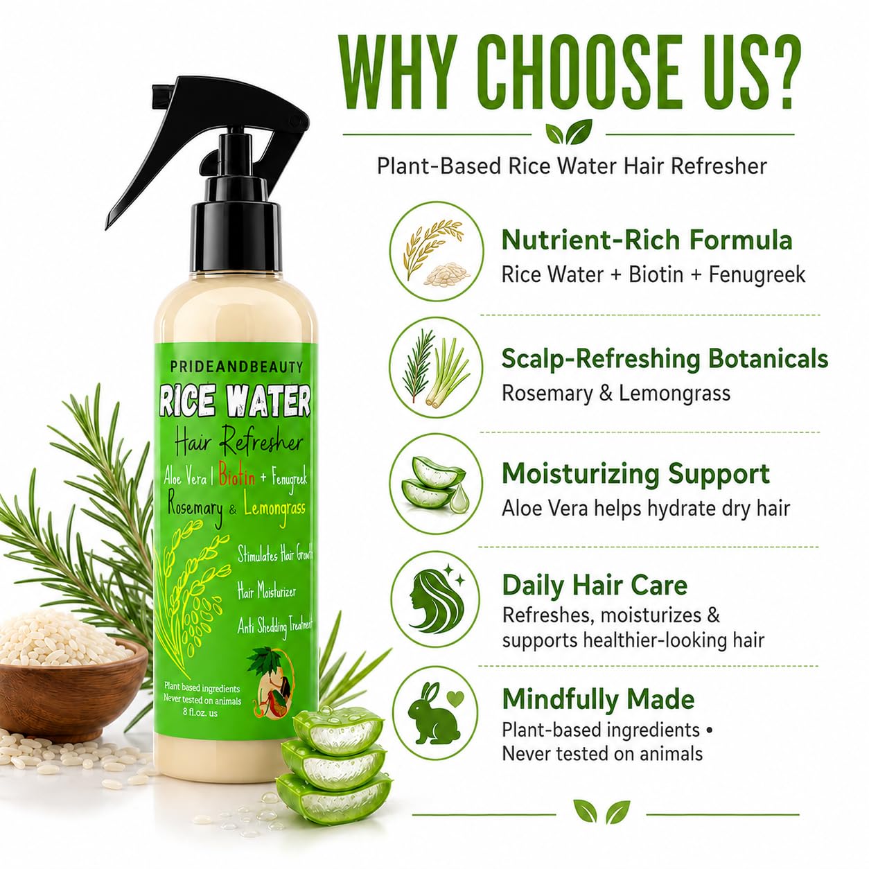 PrideandBeauty Fermented Rice Water Hair Refresher – Infused with Rosemary, Biotin, Caffeine & Keratin – Strengthens, Reduces Breakage, Hydrates & Softens – Non-Greasy Leave-In for All Hair Types