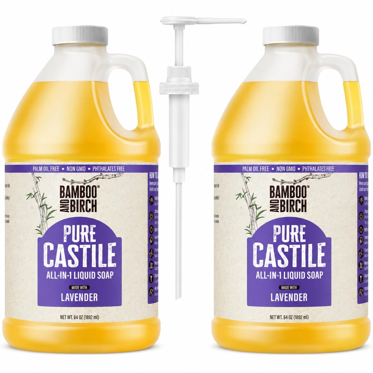 BAMBOO AND BIRCH Pure Castile Soap Liquid, Certified Palm Oil Free Natural Soap, Lavender, 1 Gallon