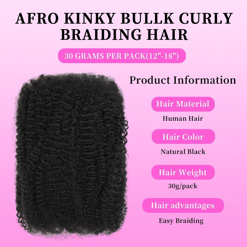 Geogroket Afro Kinkys Bulk Human Hair 30g/Pack for Mini Twist, Braiding Hair for Dreadlocks, Loc Repair, Twists, Dreadlock Extensions No Short Hair 18 Inch Natural Black