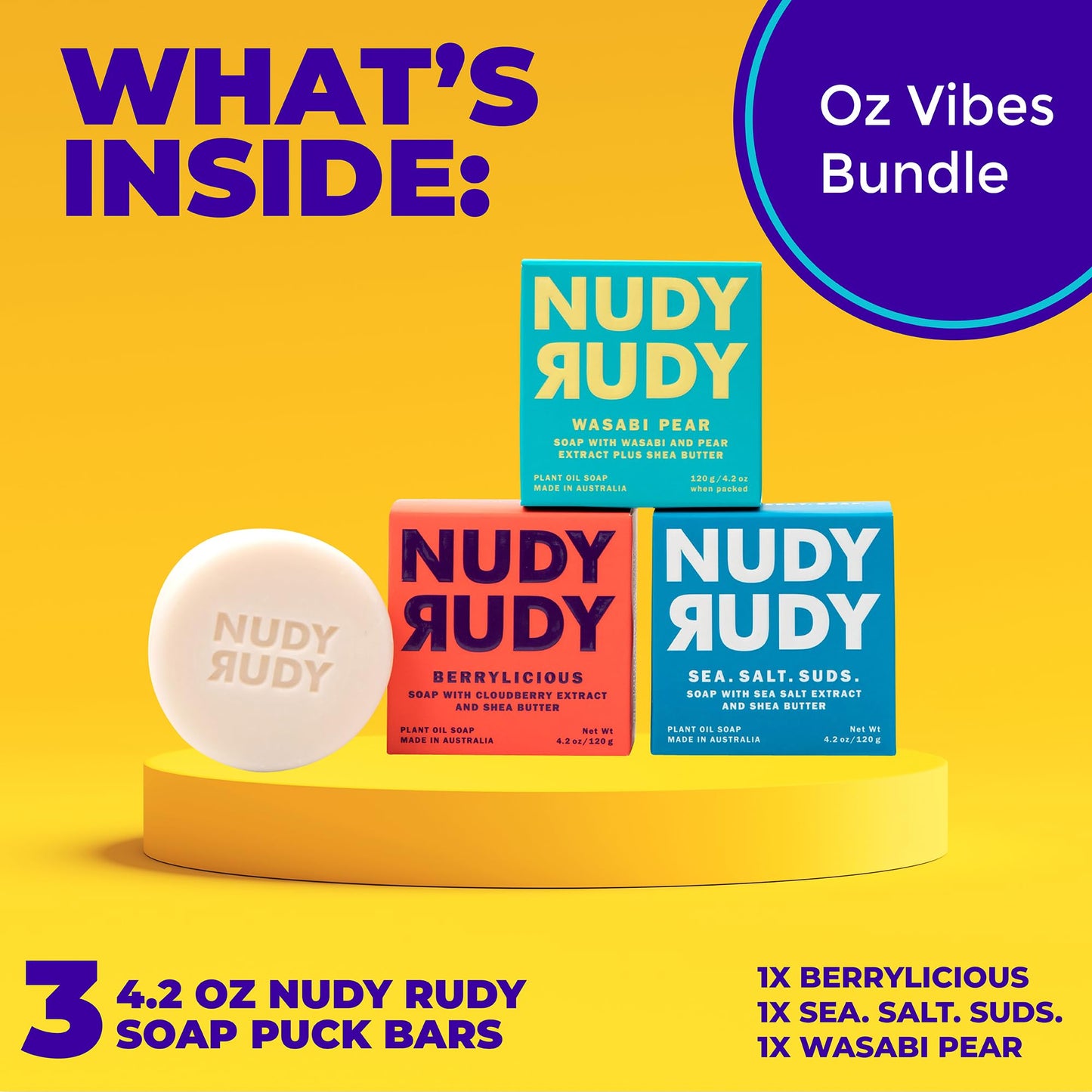 Oz Vibes Bundle Par Soap Pucks, Includes Berrylicious, Sea. Salt. Suds., Wasabi Pear, Made with Organic Shea Butter, Pure Plant Oils, Triple Milled Bars, All Skin Types, 4.2 oz Each - Pack of 3