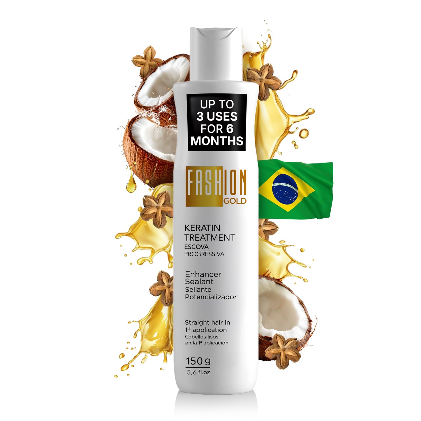 Fashion Gold Keratin Hair Treatment (Up to 3 USES per Bottle), Hair Botox Treatment, At Home Keratin Treatment, Keratina para Alisar el Pelo, Alisado Brasileño, Alisados organicos SIN FORMOL, 150g