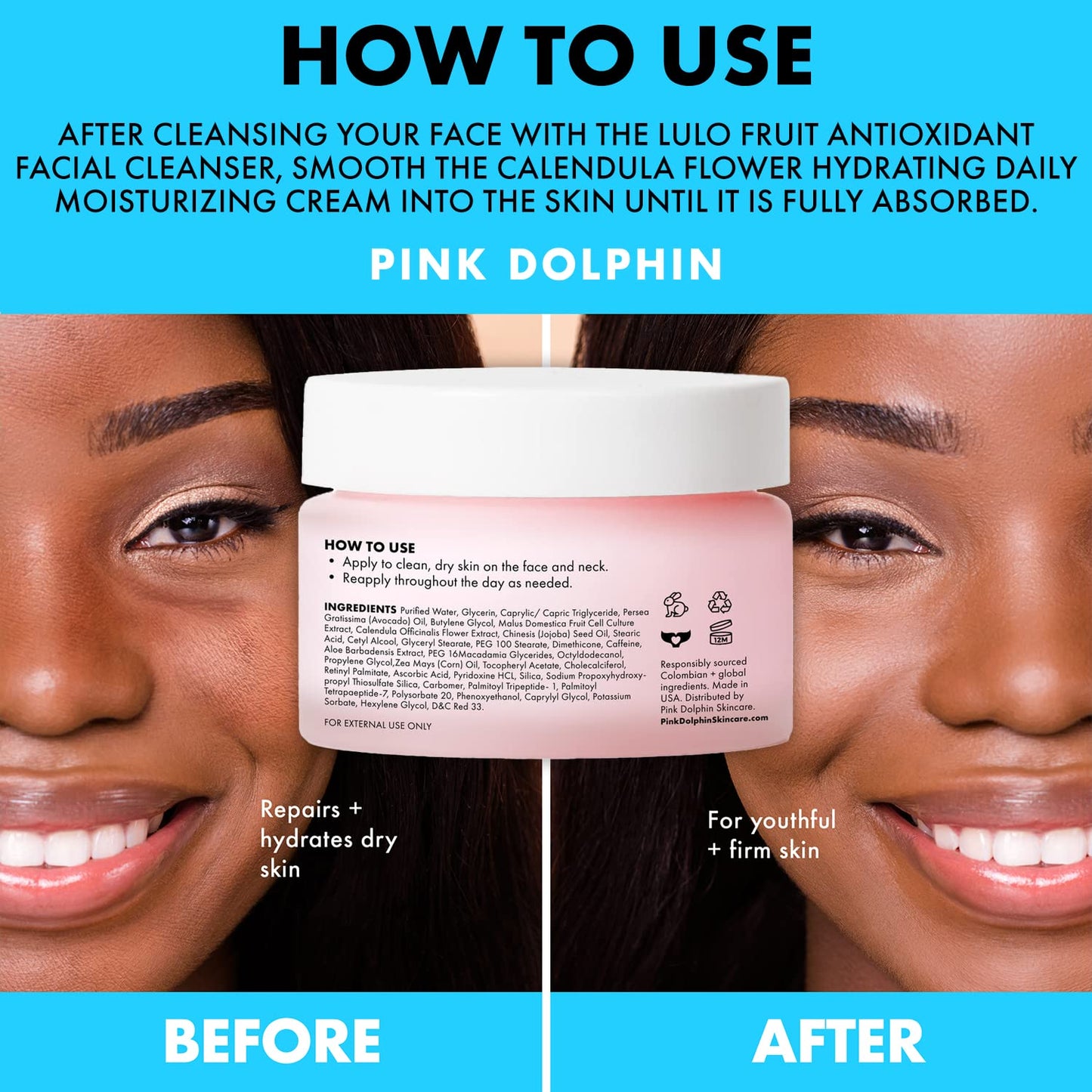 Pink Dolphin Calendula Face Hydrating Daily Moisturizer - Natural Calendula Flowers Soothe Irritation & Promote Healing, Repairs & Rehydrates Dry Skin, Produces Collagen for ALL SKIN TYPES - 1oz