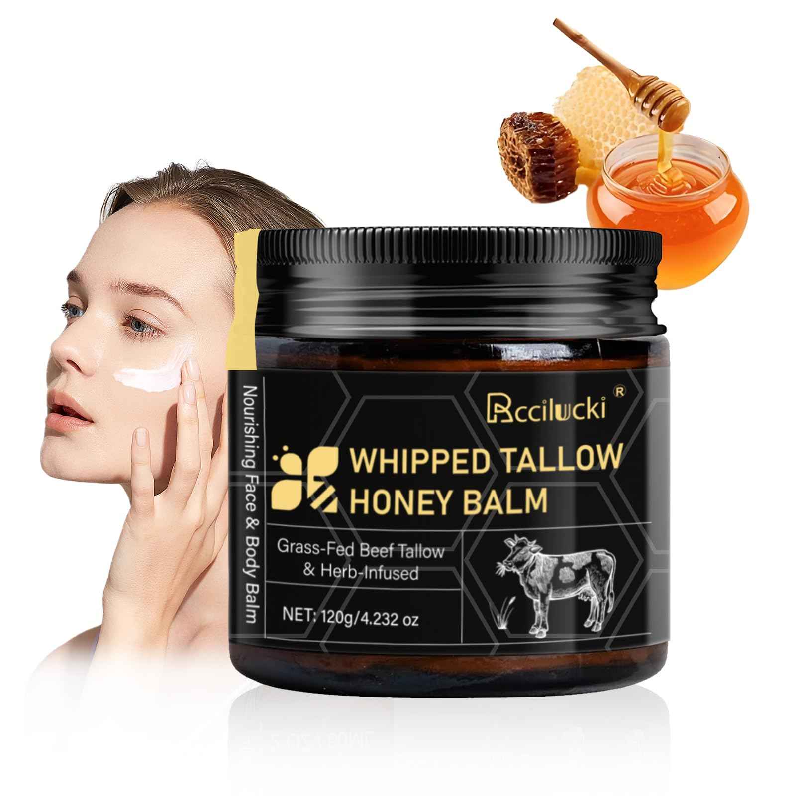 Rccilucki Whipped Tallow Honey Balm for Face & Body – Grass-Fed Whipped Beef Tallow Moisturizer 4.23oz | Organic Tallow Balm with Raw Honey, Vitamin E | Non-Greasy Formula