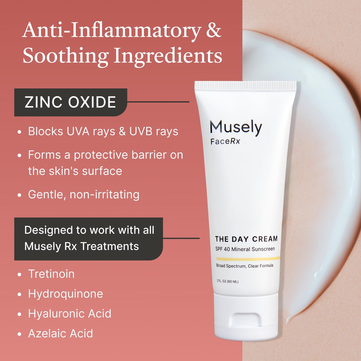 Musely Day Cream Mineral SPF 40, Clinical Grade Sunscreen, Broad-Spectrum, Water Resistant, 2 Fl Oz, Clear Color, 2x Bundle