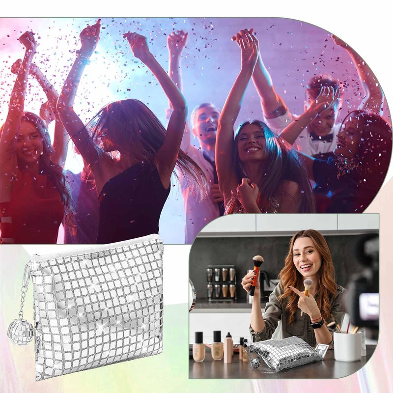 Locmeo 20 Pack Disco Party Favor Bags Sparkly Disco Ball Makeup Bachelorette Sequin Bag Portable Glitter Cosmetic Purse with Keychain for Bachelorette Wedding Birthday Retro Party Decoration (Silver)