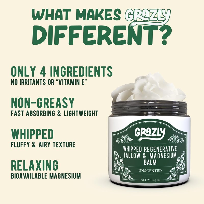 Grazly Whipped Beef Tallow for Skin w/Dead Sea Magnesium, Manuka Honey & Jojoba Oil - Grass Fed Beef Tallow Balm - Body & Face Moisturizer for Dry, Sensitive Skin - Unscented - 2.5oz