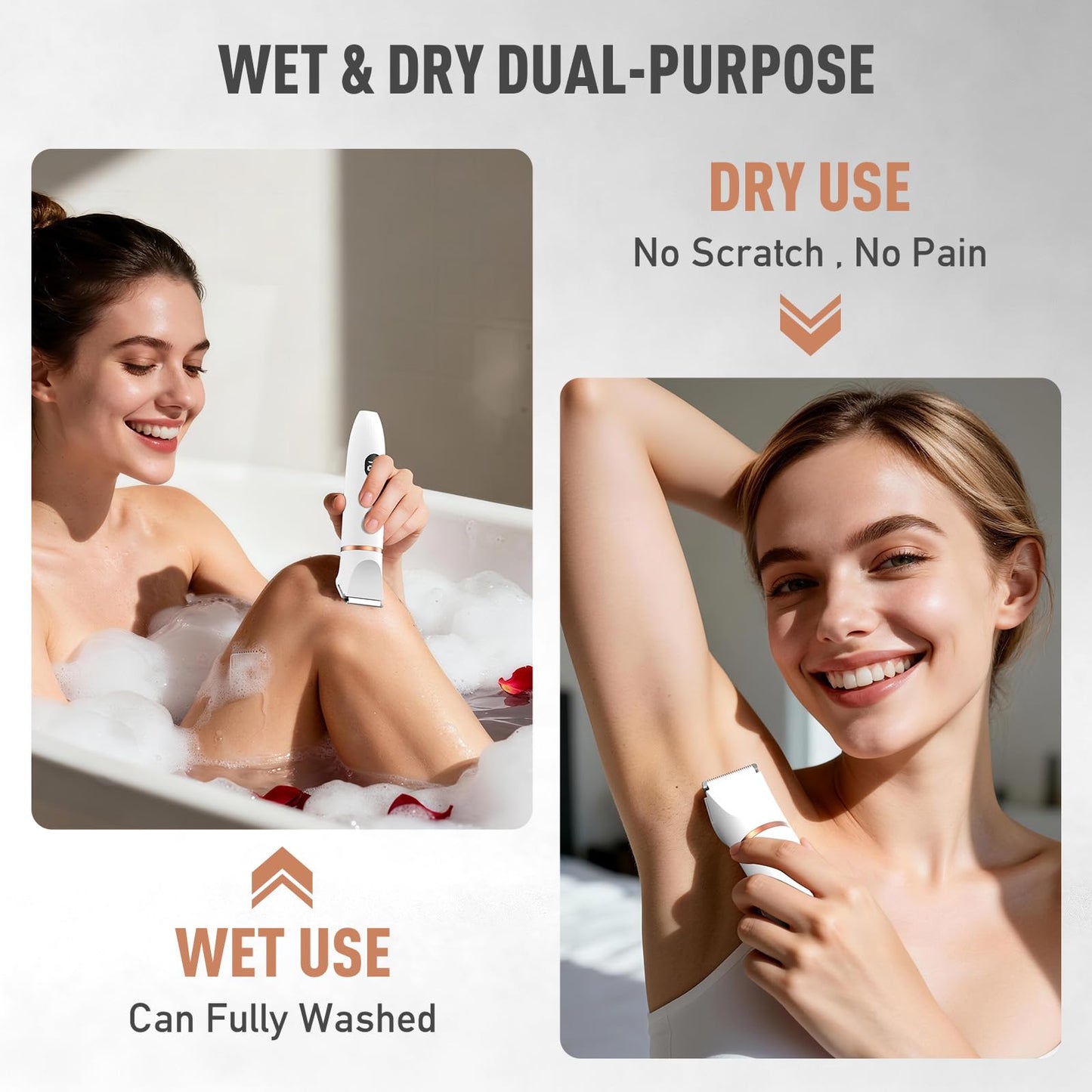 Crolanli Bikini Trimmer for Women, 3-in-1 Electric Razor, IPX7 Waterproof Ceramic Blades, Wet & Dry Use, LED Display, Painless Shaver for Bikini, Face, Underarms, Legs, Home Travel (White)