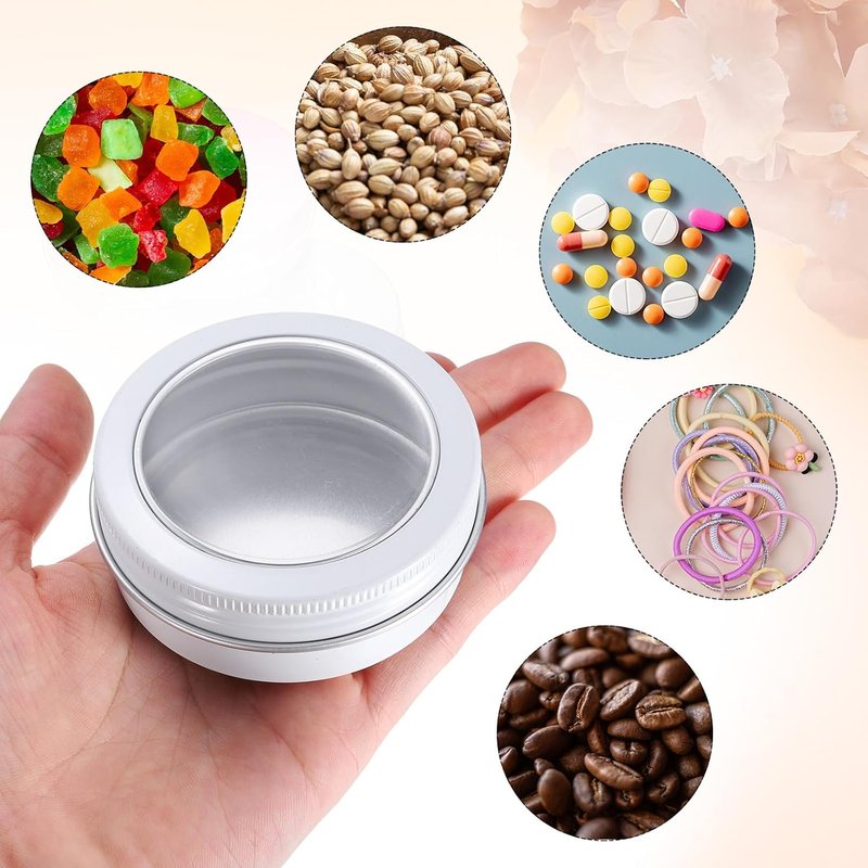 Aluminum Round Tin Cans - 2 Oz Travel-Sized Metal Containers with Clear Lid | 24 Pcs for Cosmetics, Balms, and Candles - White