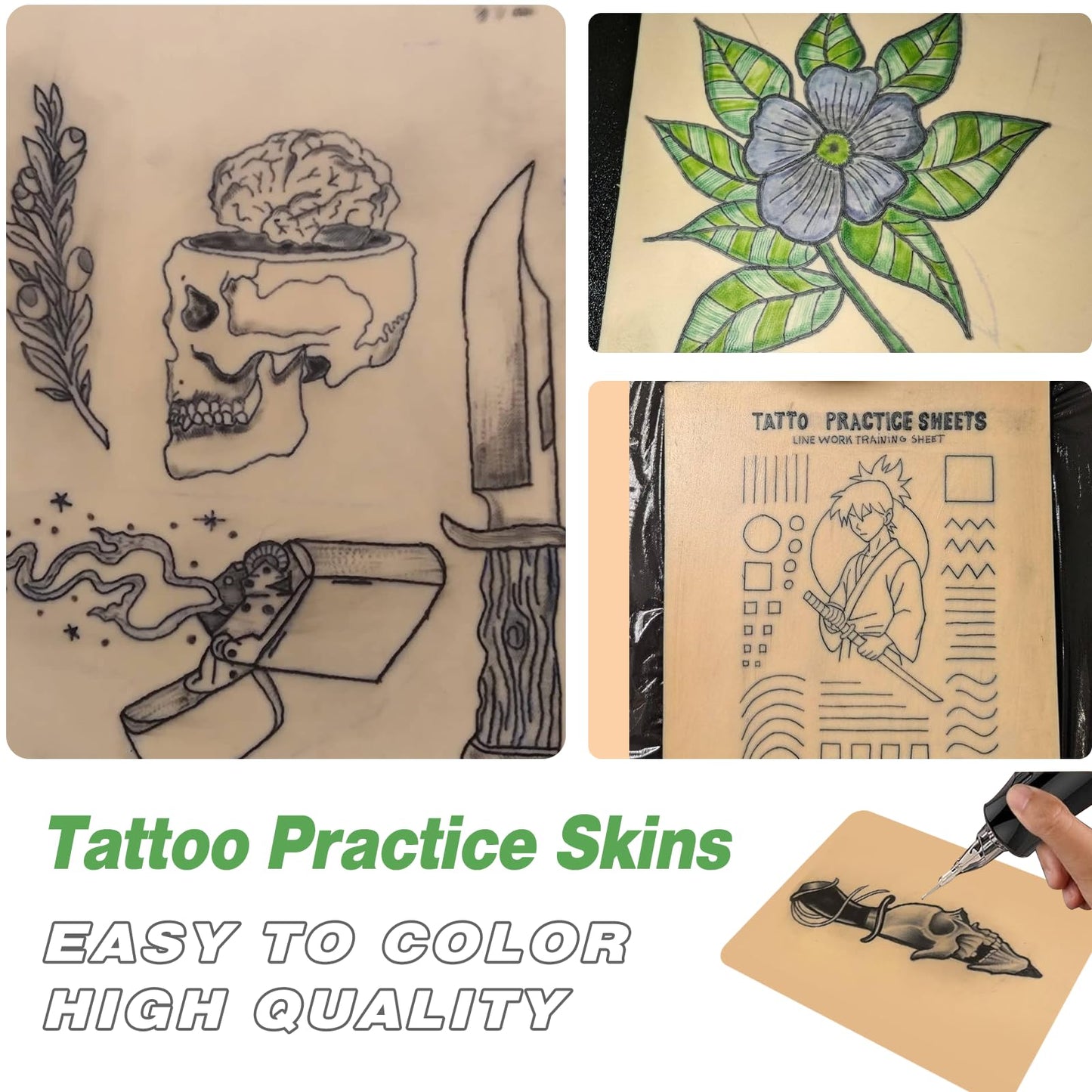 WORLDGET 15Pcs 3MM Thick Tattoo Practice Skins - Double Sided Premium Soft Silicone Fake Skin Blank Sheets 7.4"x5.6" for Beginners and Experienced Artists Tattooing Microblading Supplies