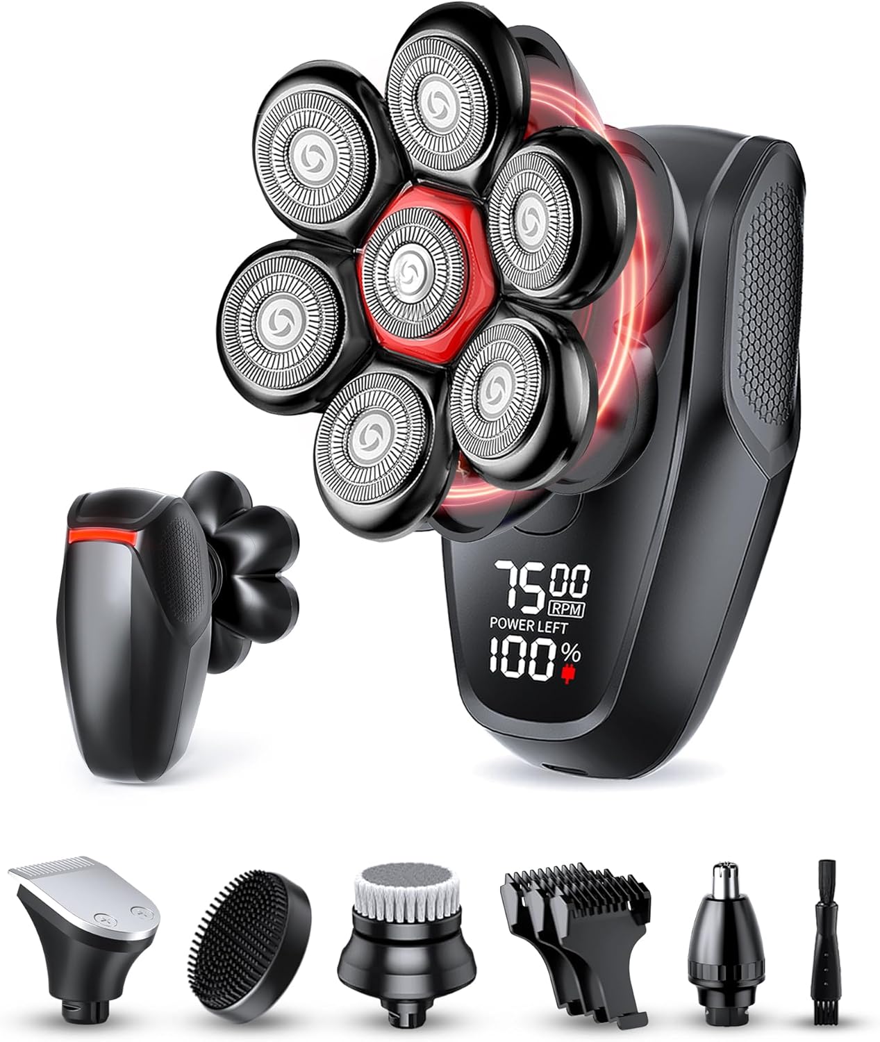 5-in-1 Men's Grooming Kit - 7D Rotary Electric Head Shaver | IPX8 Waterproof, High-Gloss Black
