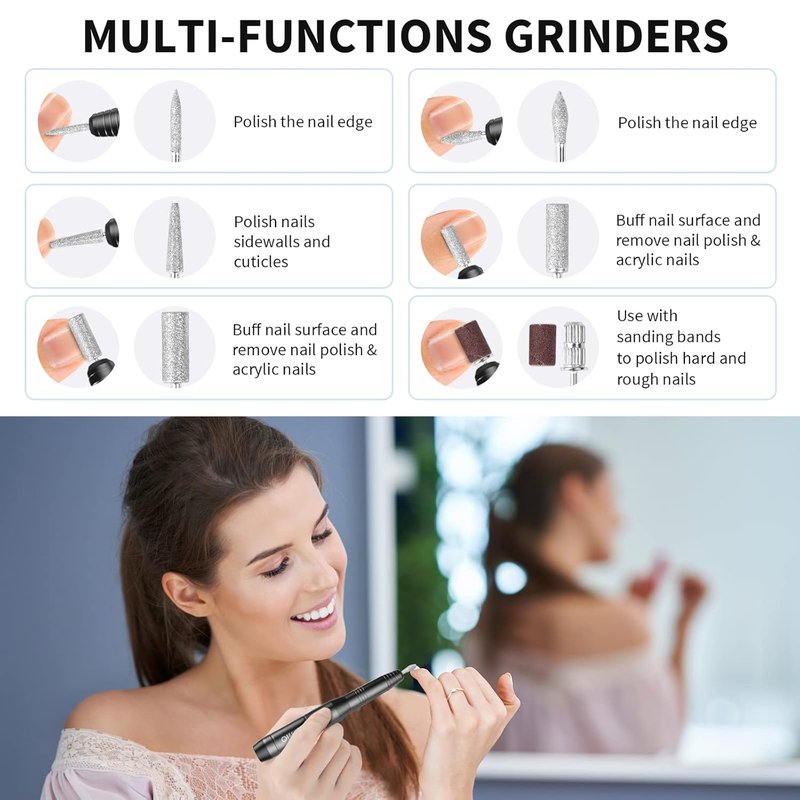 Portable Electric Nail Drill - 15000 RPM Cordless Nail File | 7-in-1 Acrylic Nail Kit for Beginners & Professionals - Light Gray