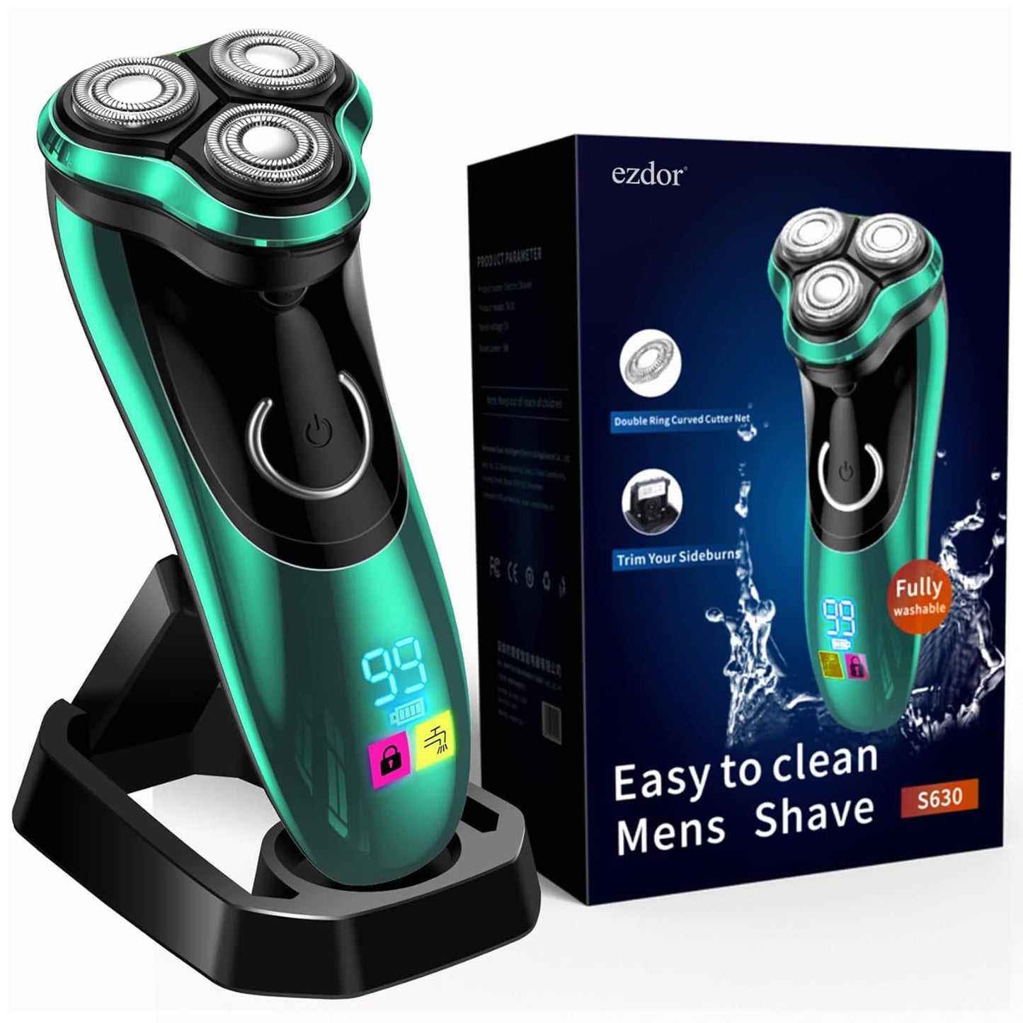 Electric Razor for Men Cordless Rotary Shaver Wet Dry with Trimmer