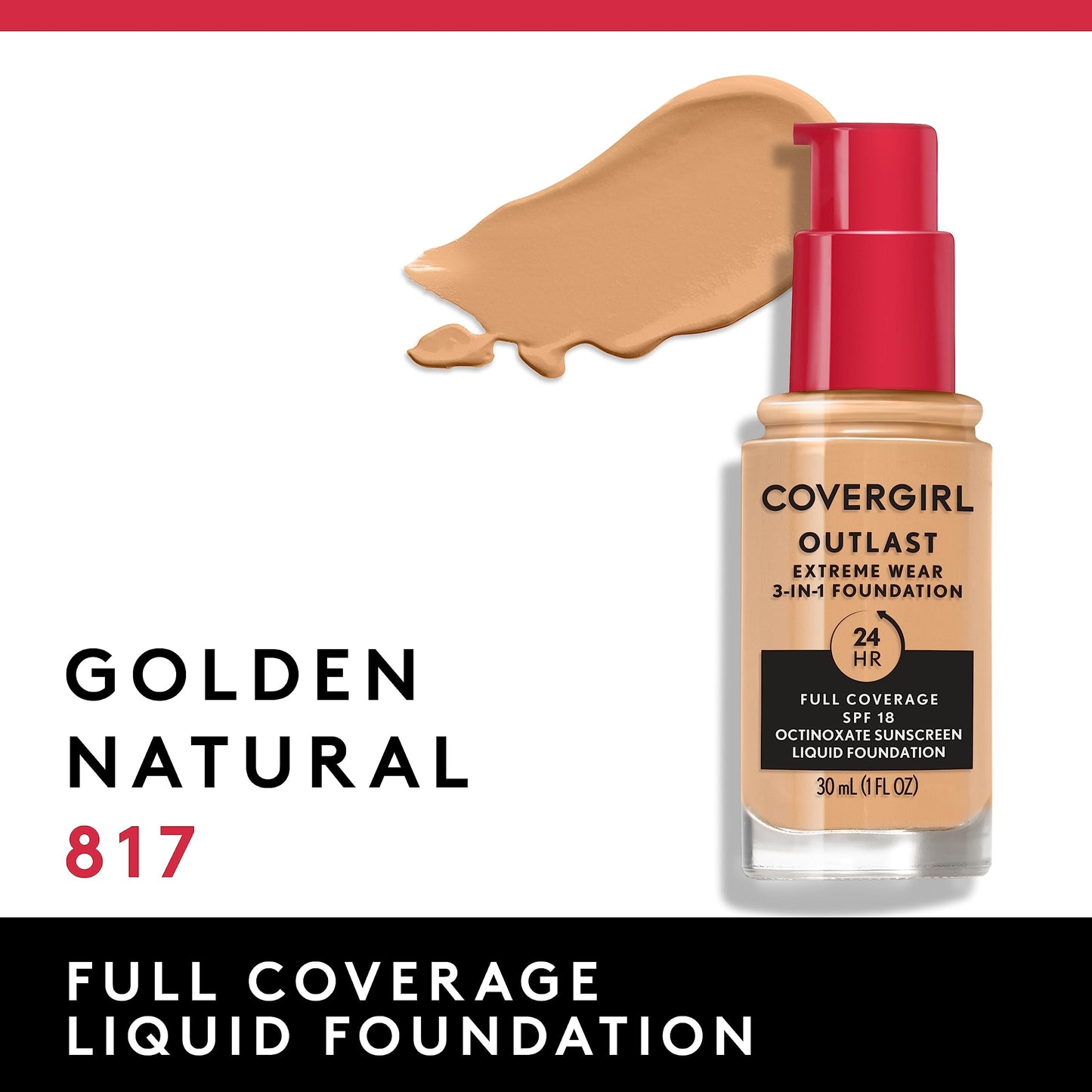 Covergirl Outlast Extreme Wear 3-in-1 Full Coverage Liquid Foundation, SPF 18 Sunscreen, Toasted Almond, 1 Fl. Oz. (Pack of 2)