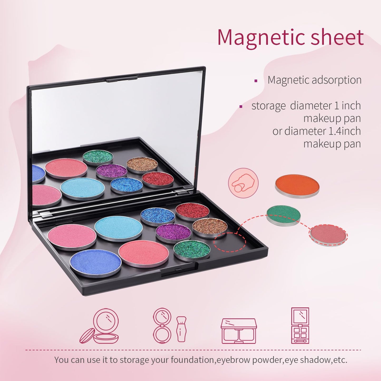 Snowso 3 Pack Magnetic Makeup Palette with Mirror, Empty Travel Makeup Organizer with 60Pcs Adhesive Metal Stickers For DIY Your Own Powder Palette(Medium Palette - 5.7"x4.3")