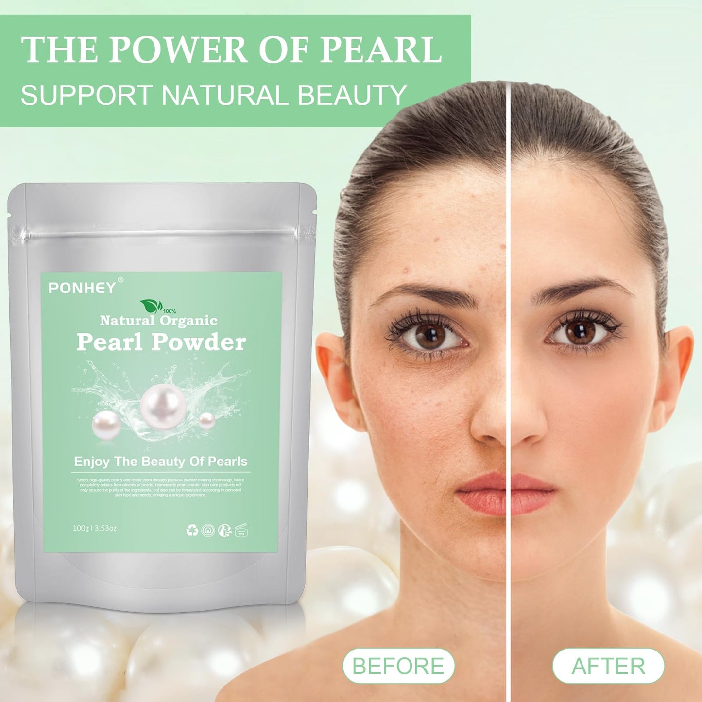 Ponhey Pearl Powder Organic, Pearl Powder for Eyes & Face, 100% Natural DIY Skincare, Deep Cleansing, Pore-Shrinking & Anti-Aging Mask 100g (3.53oz)