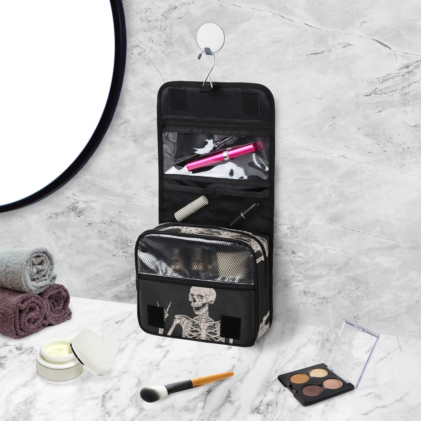 AUUXVA Hanging Toiletry Bag for Women, Halloween Skeleton Makeup Bag, Day of the Dead Cosmetic Bag, Travel Essentials for Women Men