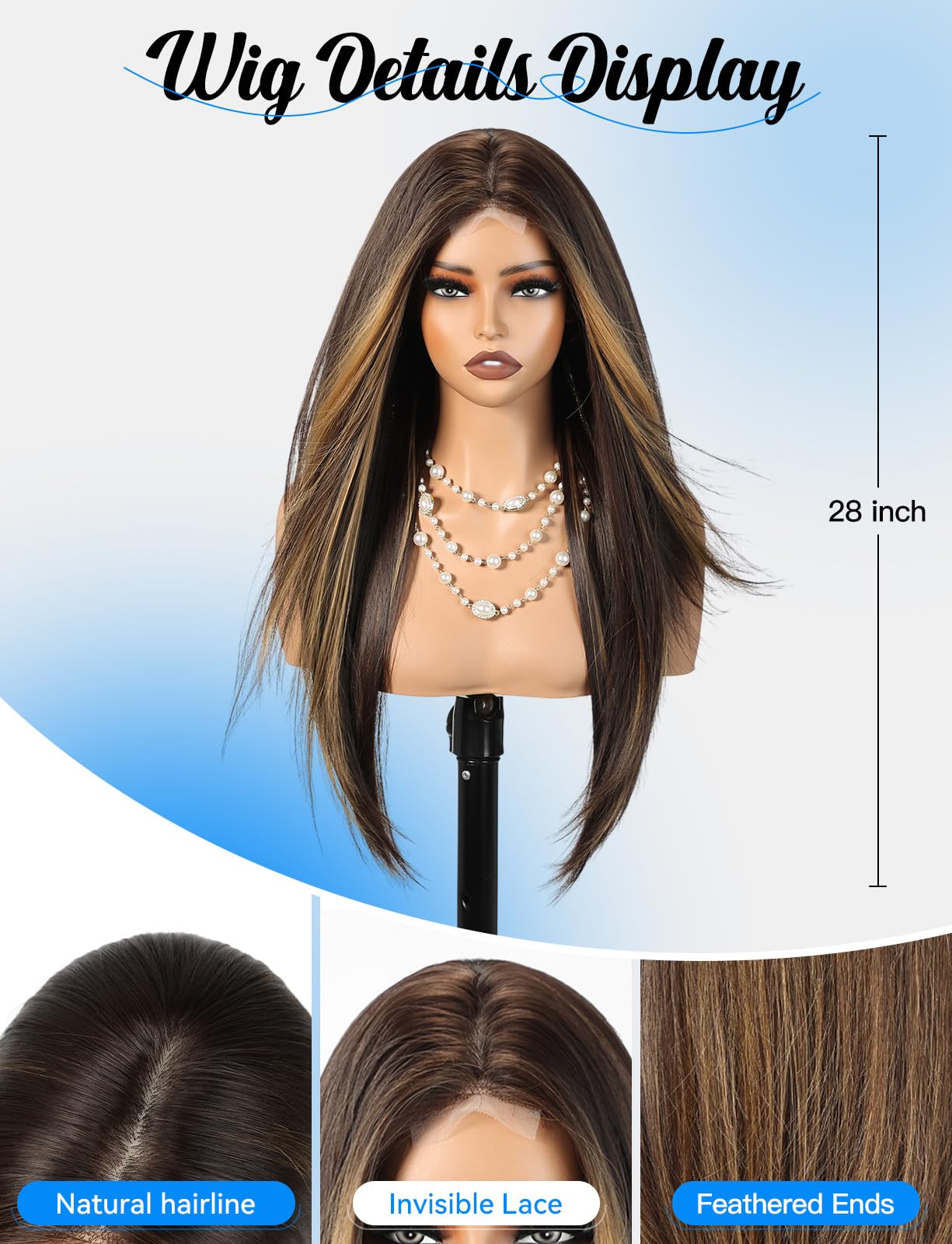 HAIRCUBE Long Straight Wig for Women, Heat Resistant Synthetic Hair with Bangs, Natural Looking Pre-Cut Lace Front Wig, Soft & Lightweight for Daily Use, Cosplay, Parties (Mixed Brown)