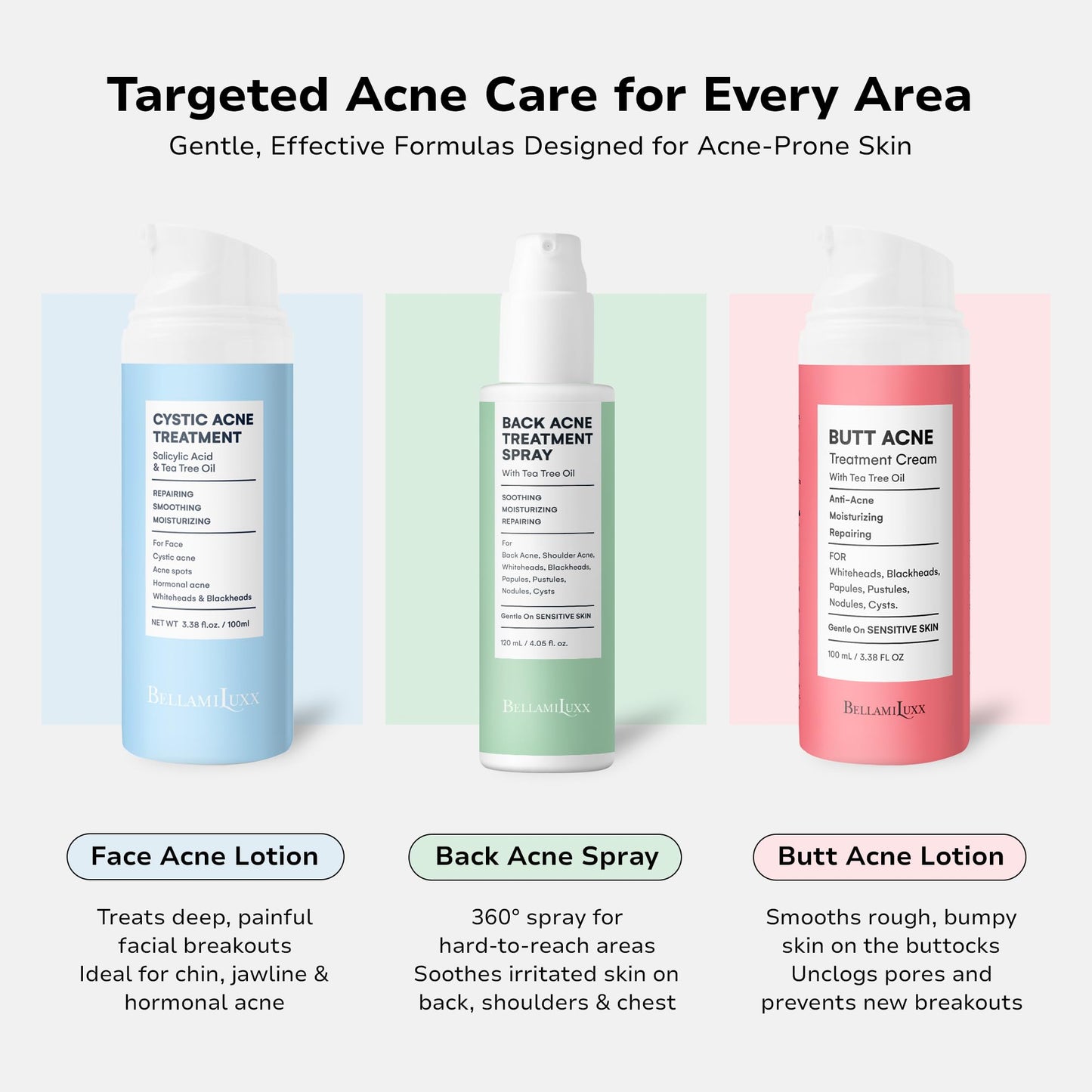 BellamiLuxx Back and Body Acne Treatment Spray: 2% Salicylic Acid & Tea Tree Oil Bacne Spray for Clear, Soothe & Moisturize - Effective for Men, Women, Teens with Back, Shoulder, Arm, and Chest Acne