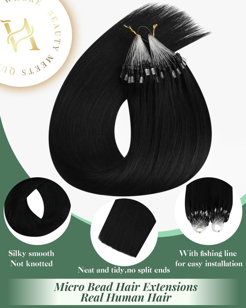 Ugeat Micro Link Hair Extensions, Black Micro Hair Extensions Human Hair, Jet Black Microbead Hair Extension, Remy Human Hair, No Heat or Glue Required, 18 Inch 50G 50S
