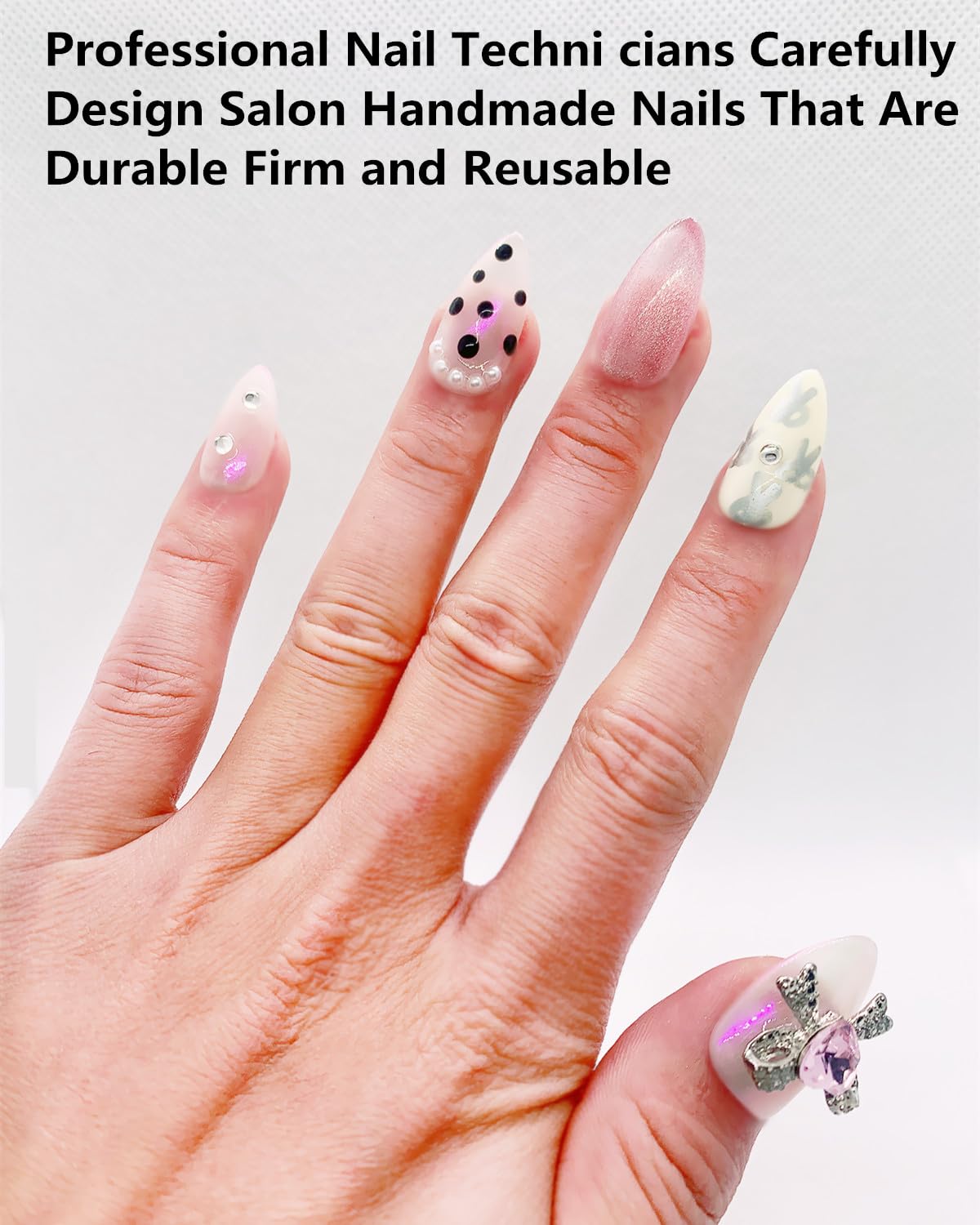 CAMILCY Handmade Nails Press on Long pointed tip Pink Hand Painted Reusable Gel UV Finished Pre Shaped False Nails for Women 10pcs 3D Glitzadora Handmade Nails (A087, L)