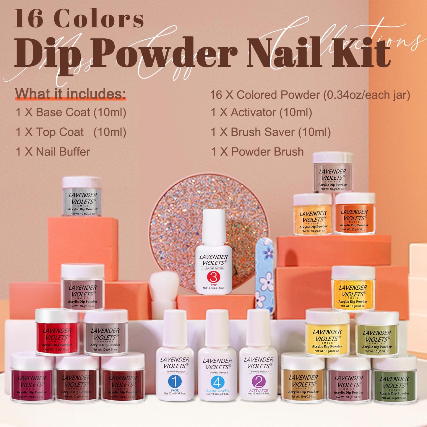Lavender Violets 20 Pcs Dip Nails Powder Starter Kit -16 Colors Nude Skin Tones Neutral Acrylic Dipping Powder Liquid Set with Base Top Coat, Activator and Brush Saver for French Nail Art M962