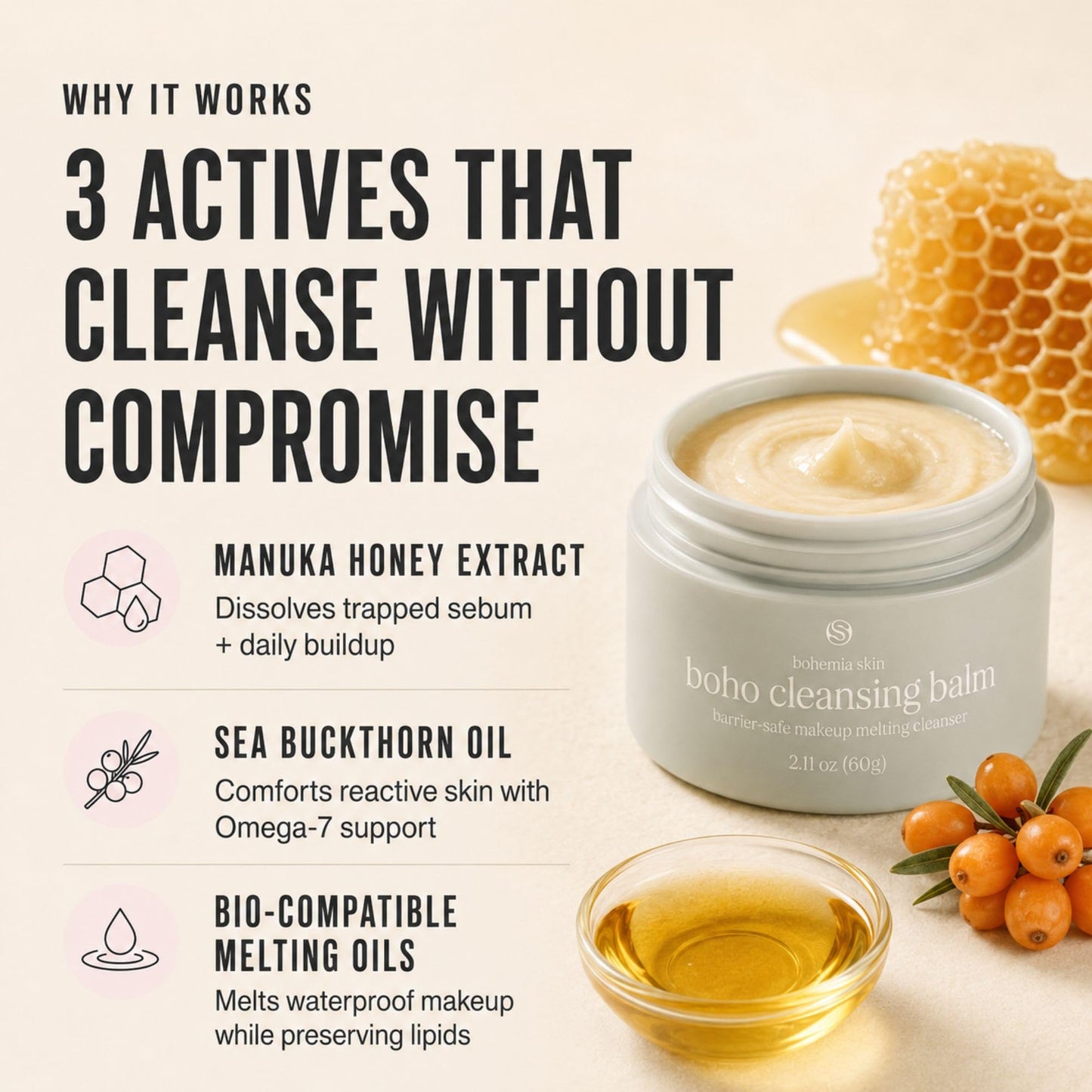 Bohemia Skin Boho Cleansing Balm – Hydrating Makeup Remover & Double Cleanse for Sensitive Skin – Manuka Honey & Sea Buckthorn – Melts Waterproof Mascara & SPF – Barrier Support Face Wash (2oz)