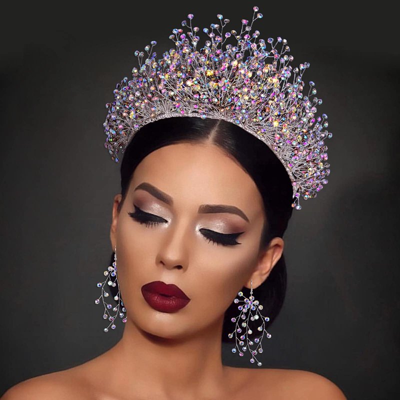 Bridal Rhinestone Crown Hair Accessories, Colorful Rhinestone Hair Bands, Women's Wedding Tiara Set (Multi-color Crown + Necklace + Earrings) HP193-M-SET