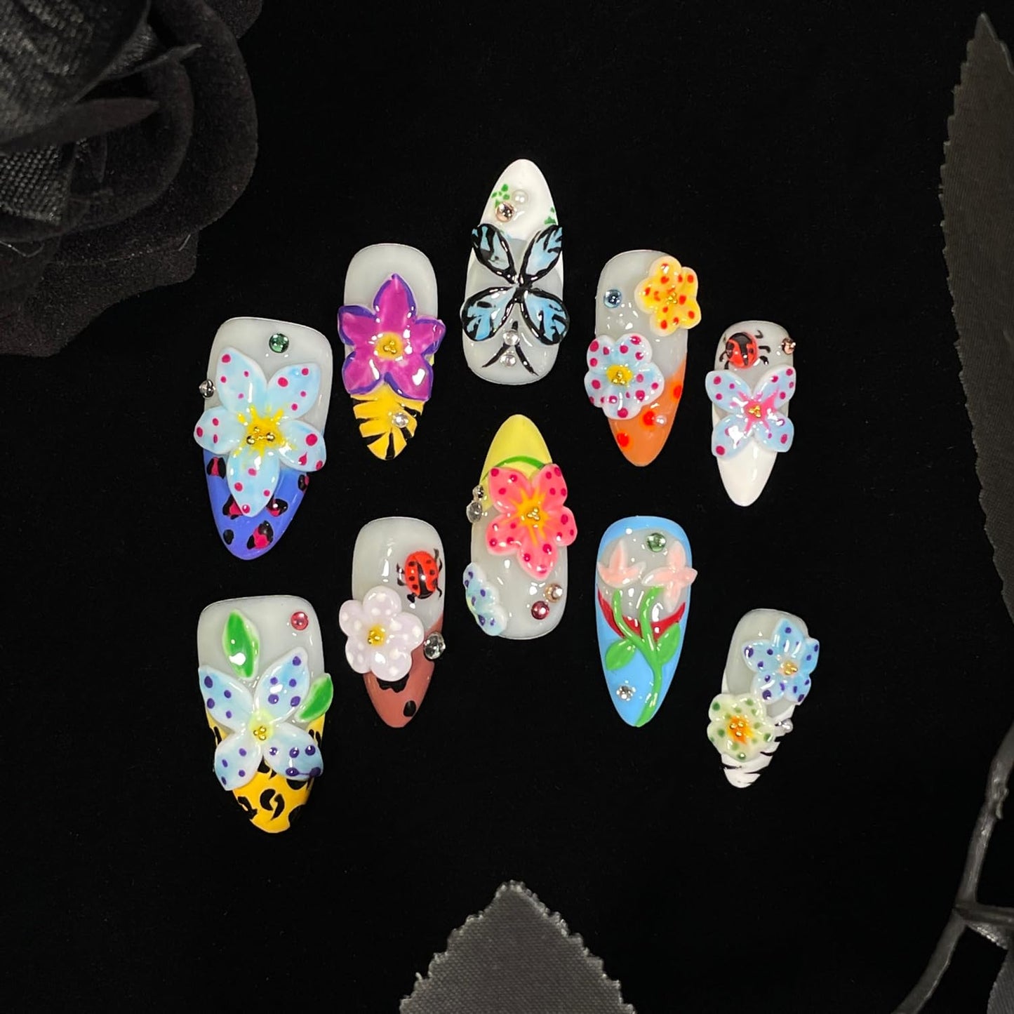 Handmade Press On Nails 3D Floral & Butterfly with Red Ladybug Fake Nails Medium Almond Acrylic Nail Tips Luxury Enchanted Garden Stick on False Nails Dreamy Nails (Garden, M)