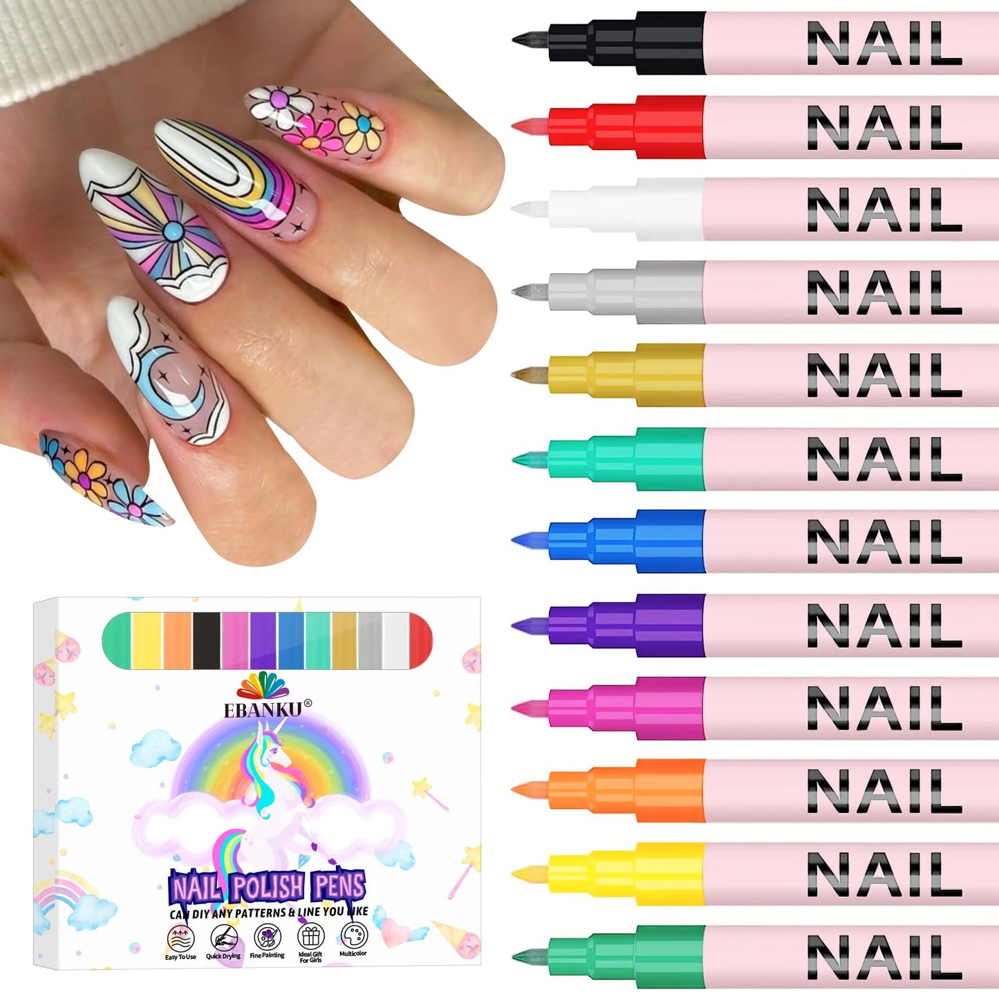 EBANKU 12 Colors Nail Art Pens Set, Christmas Nail Polish Pen Quick Drying 3D Acrylic Paint Pen Nail Markers for Christmas Nail Art Painting Point Dotting Liner Pen Manicure Tools Nail Design