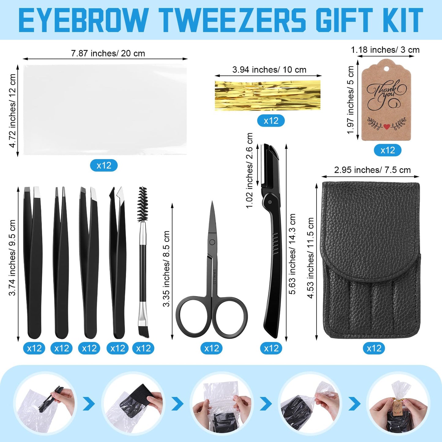 Lanties 12 Set 6 Pcs Eyebrow Tweezers Kit Christmas Stocking Stuffers Professional Stainless Steel Tweezers Set for Women and Men Facial Hair Splinter and Ingrown Hair Removal(Black)