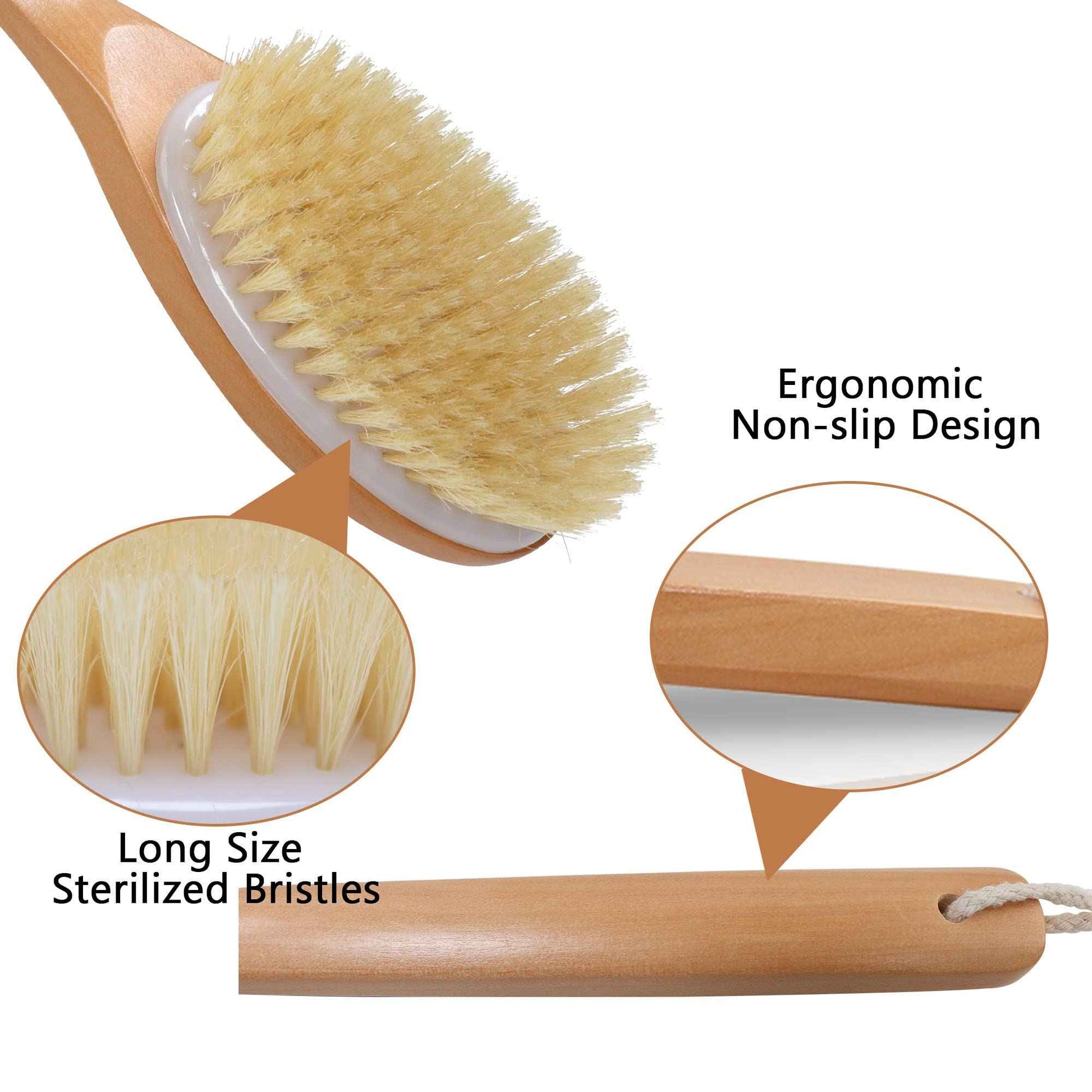OWIIZI Bath Brushes with Soft and Natural Bristles Antiskid Wooden Long Handle Shower Body Scrubber for Wet or Dry Exfoliating,Back Scrub Deep Cleanse