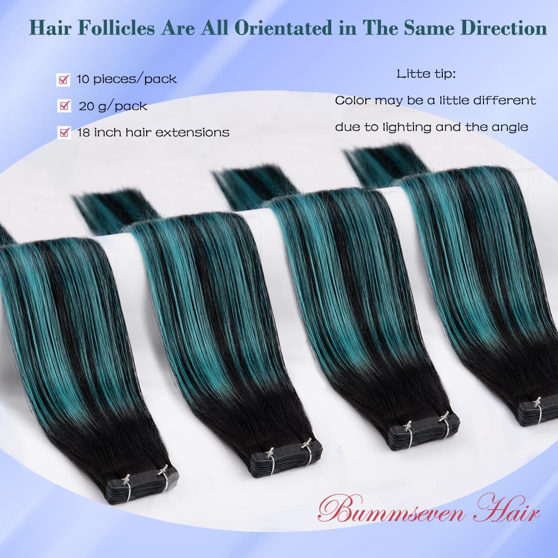 18 Inch Tape in Hair Extensions - 10 Pieces (2g/Piece) 100% Remy Human Hair - Includes Waterproof Tapes - Black Teal Green Balayage