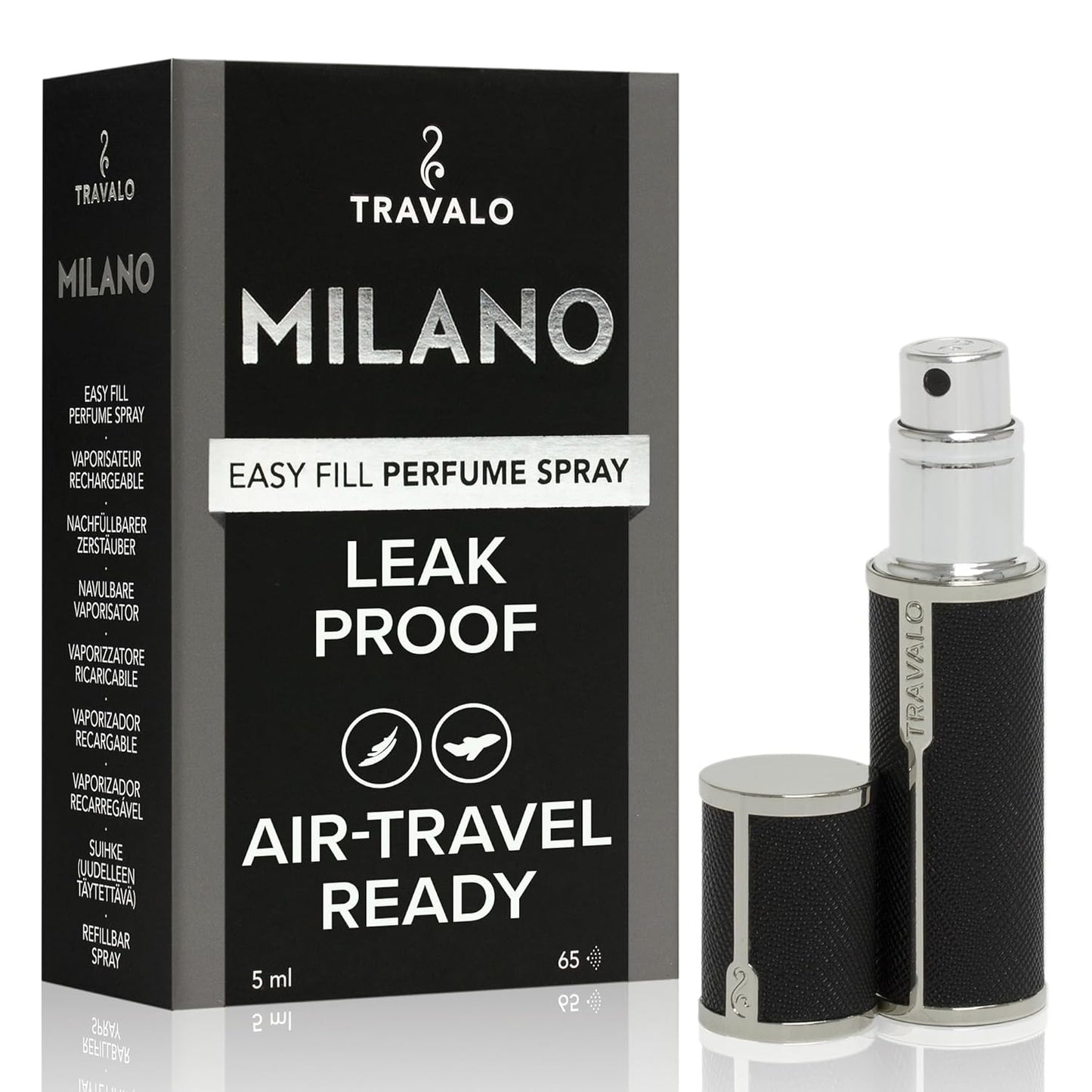 Travalo Milano Perfume Atomizer | Leak-Proof & TSA Approved Mini Sprayer - Reusable Black Vegan Leather with Polished Metal
