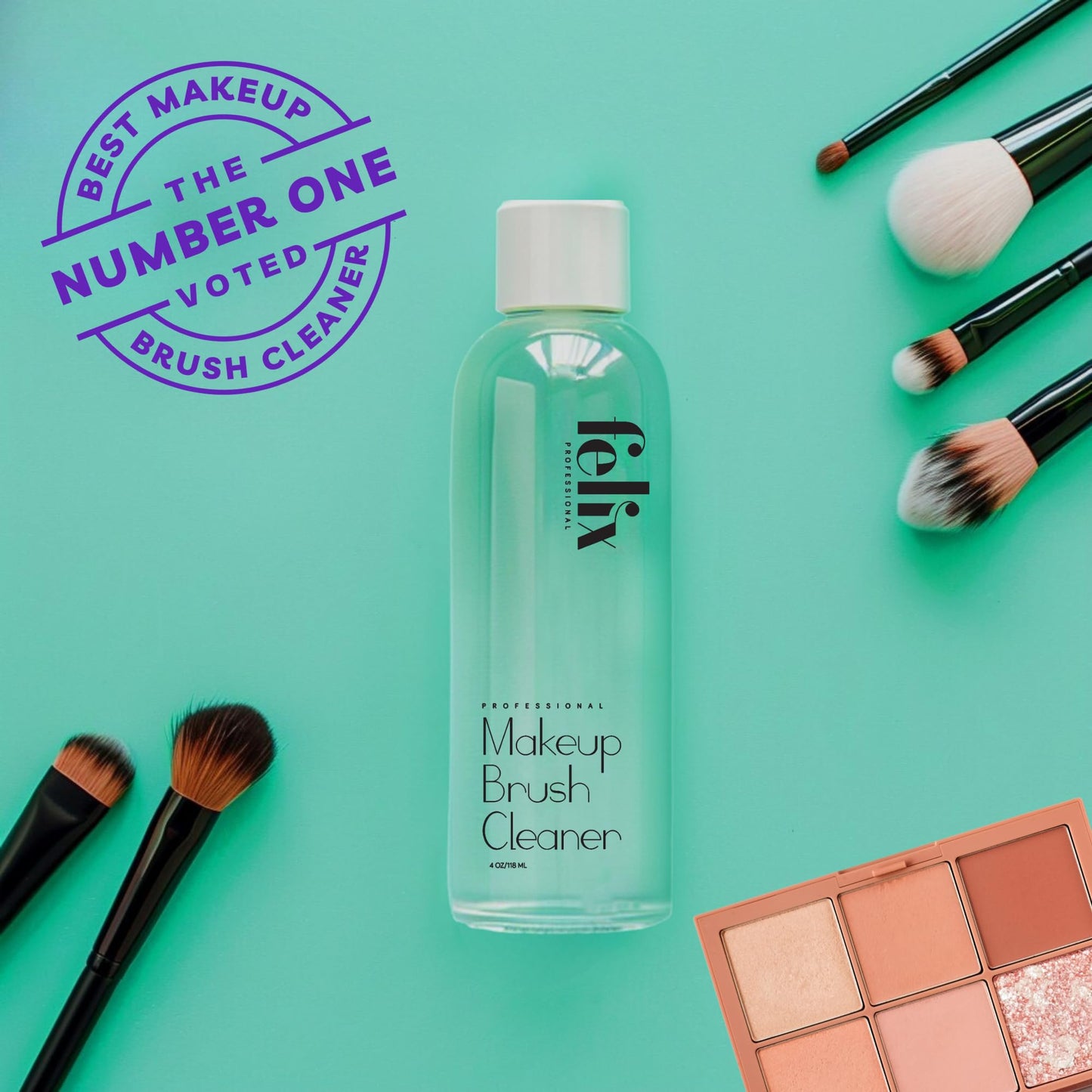 Felix Professional Liquid Makeup Brush Cleaner Solution | Rinsless, Quick Drying, Hydrating, Fragrance Free | for Natural and Synthetic Make-up Brushes (4 Fl oz)