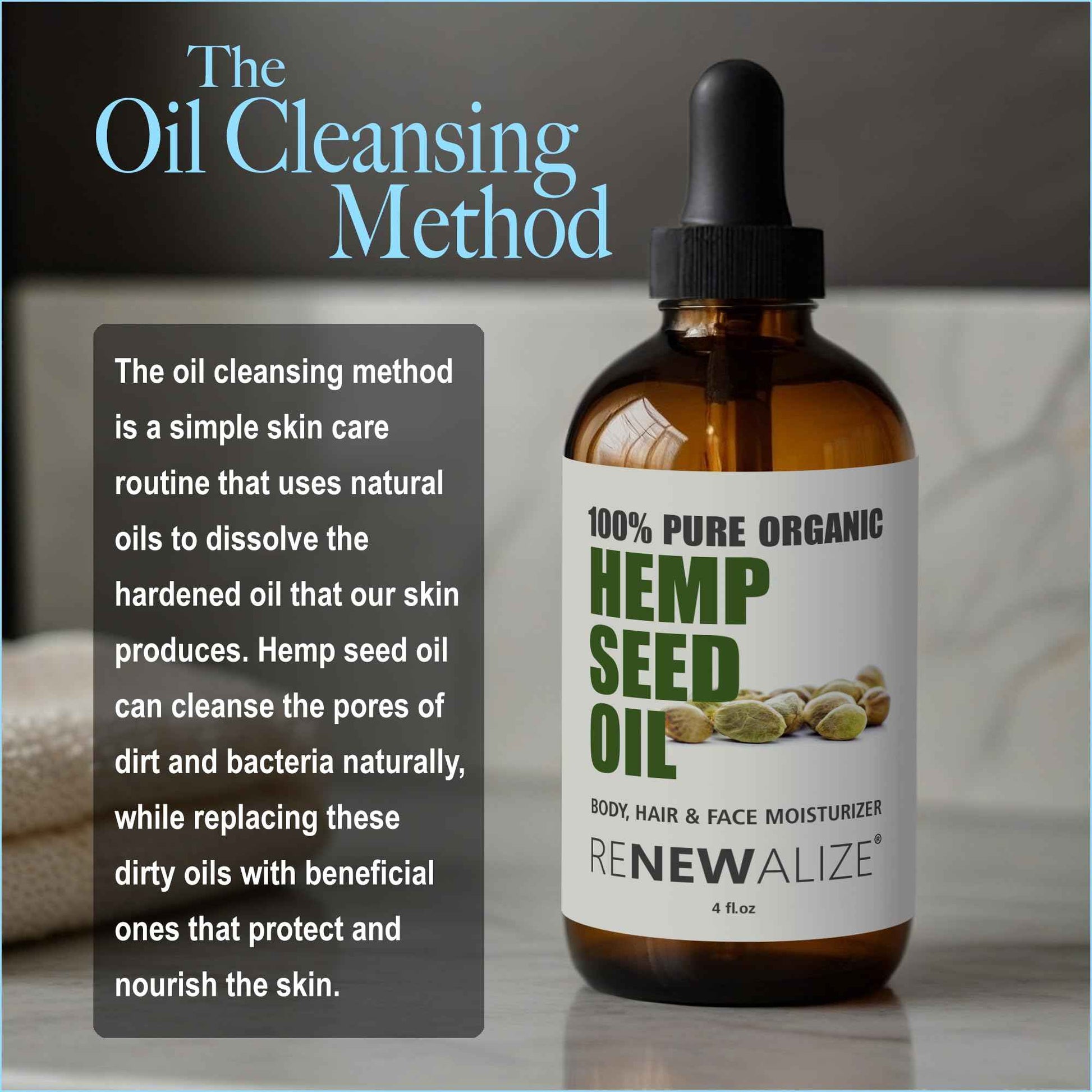 Renewalize Organic Hemp Seed Cleansing Oil - Face Cleanser and Moisturizer | 100% Pure Cold Pressed and Unrefined | Best Daily, Night time, Facial Regimen for Acne Pimple Prone Skin 4oz