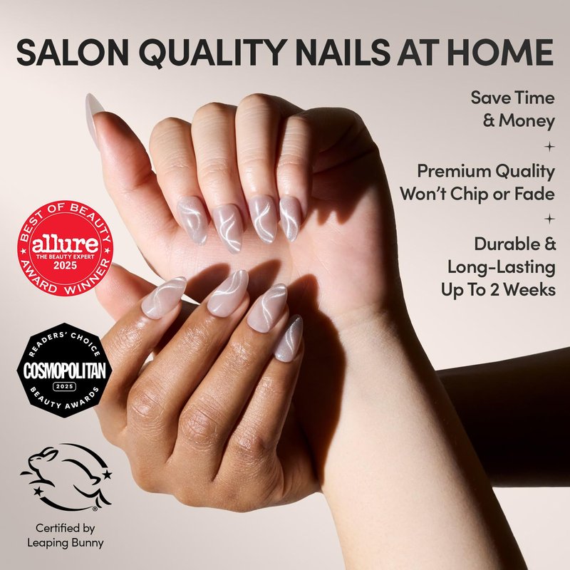 Glamnetic Press On Nails - WOO-MAN! | Gray Short Almond Velvet Cat Eye - 30 Nail Kit with Glue, 15 Sizes