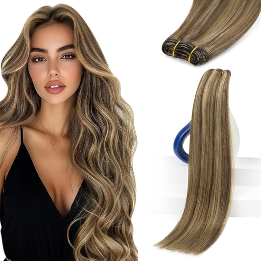 Sunny Hair Sew in Hair Extensions Real Human Hair 100G Highlights Long Hand-Tied Weft Bundles 18 Inch Dark Brown Mix Caramel Blonde Add Volume Can be Styled Natural Look